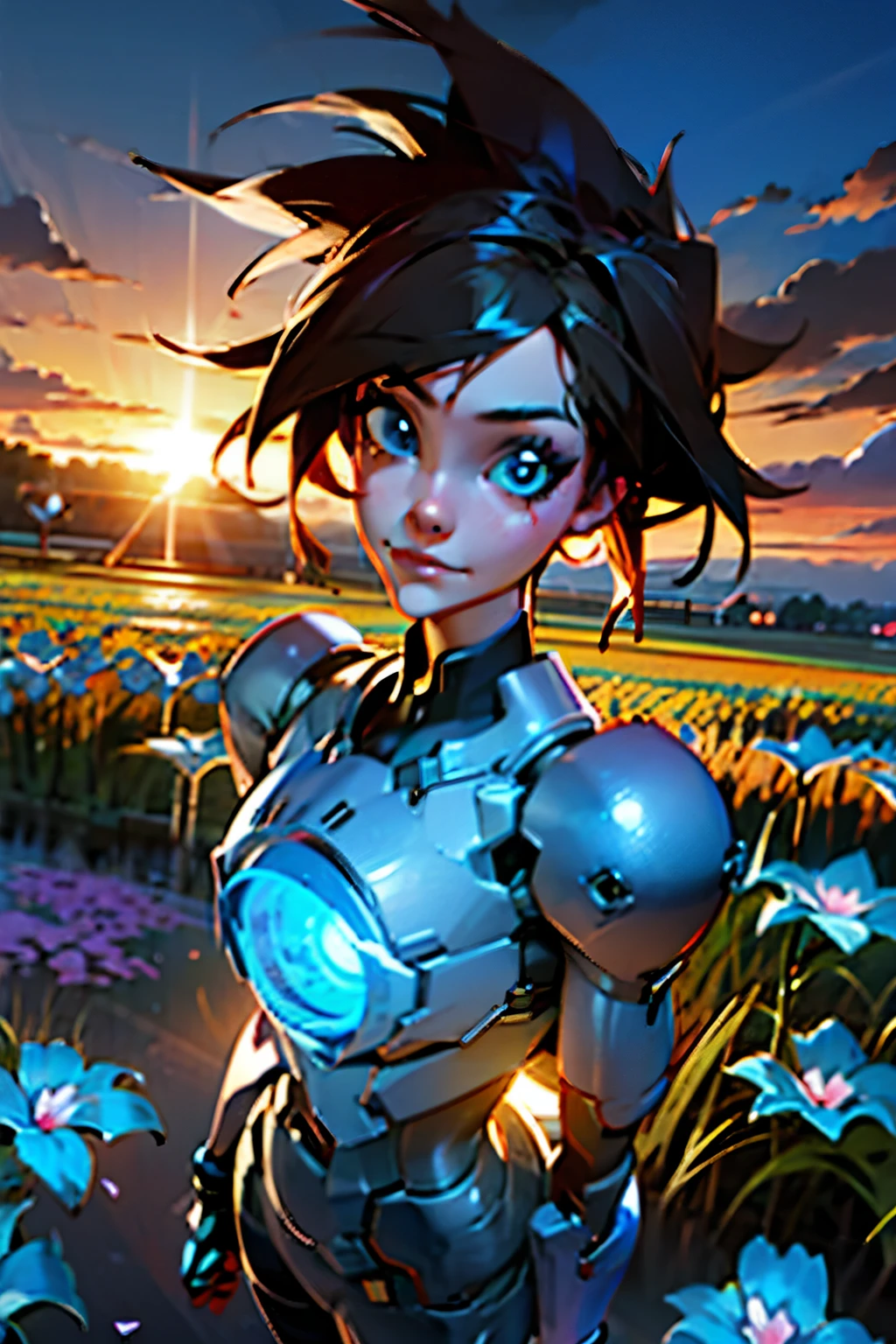 girl standing in field of neon flowers, detailed face, mid short, clouds, sunrise