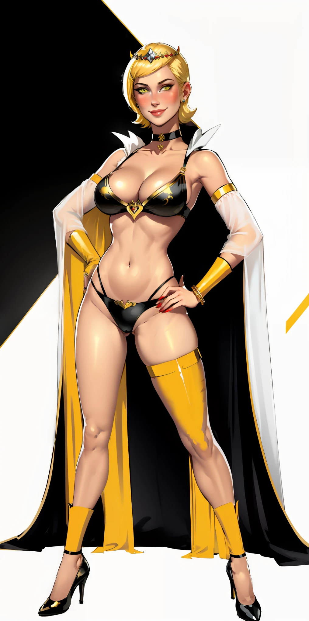 Two long thighs, yellow eyes, blonde hair, short hair, large breasts, detached sleeves, very white background, royal tiara, long cape, yellow tiger bikini, high heels, hands on hips. red tattoo on belly navel, full body female MILF BIMBO, lustful smirking smile face (red blush), metal shoulders, golden bracers sleeveless, black choker sex slave, white background