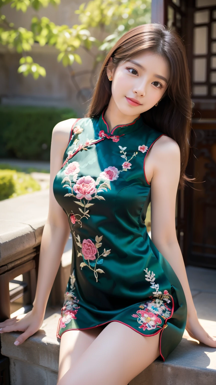 ulzzang -6500-v1.1, (Raw foto:1.2), (Photorealsitic:1.4), Delicate beautiful girl，The sparkling eyes have a very nice atmosphere.......................，13years, Attractive eyes and moist lips，cabelos preto e longos，（ssmile：1.3），Detailed depiction of the face，Formula details，Detailed depiction of facial features Star Masterpiece Fine Detail，Describe your role in detail，Detailed depiction of hair，Carefully drawn ，My body is bumpy，Detailed depiction of the hand，Clothes drawn in detail，Detailed depiction of the face，face perfect，Detailed depiction of the hand，4fingers and 1thumb：1.3），orthofacial，choker necklace，eardrop, Works of masters，Infinitely close to reality，（Full body photo：1.5），Highest image quality，best qualtiy，infinite details，8k resolution，(((Beautiful patterned embroidered cheongsam 1.3)))，((dark green cheongsam dress)))，（Ancient courtyard scene：1.3）,A smile, Constriction of the lower back, sexy  pose,Bold poses, Beautiful legs visible through the slit of a long skirt, large full breasts, neatly bunched hair