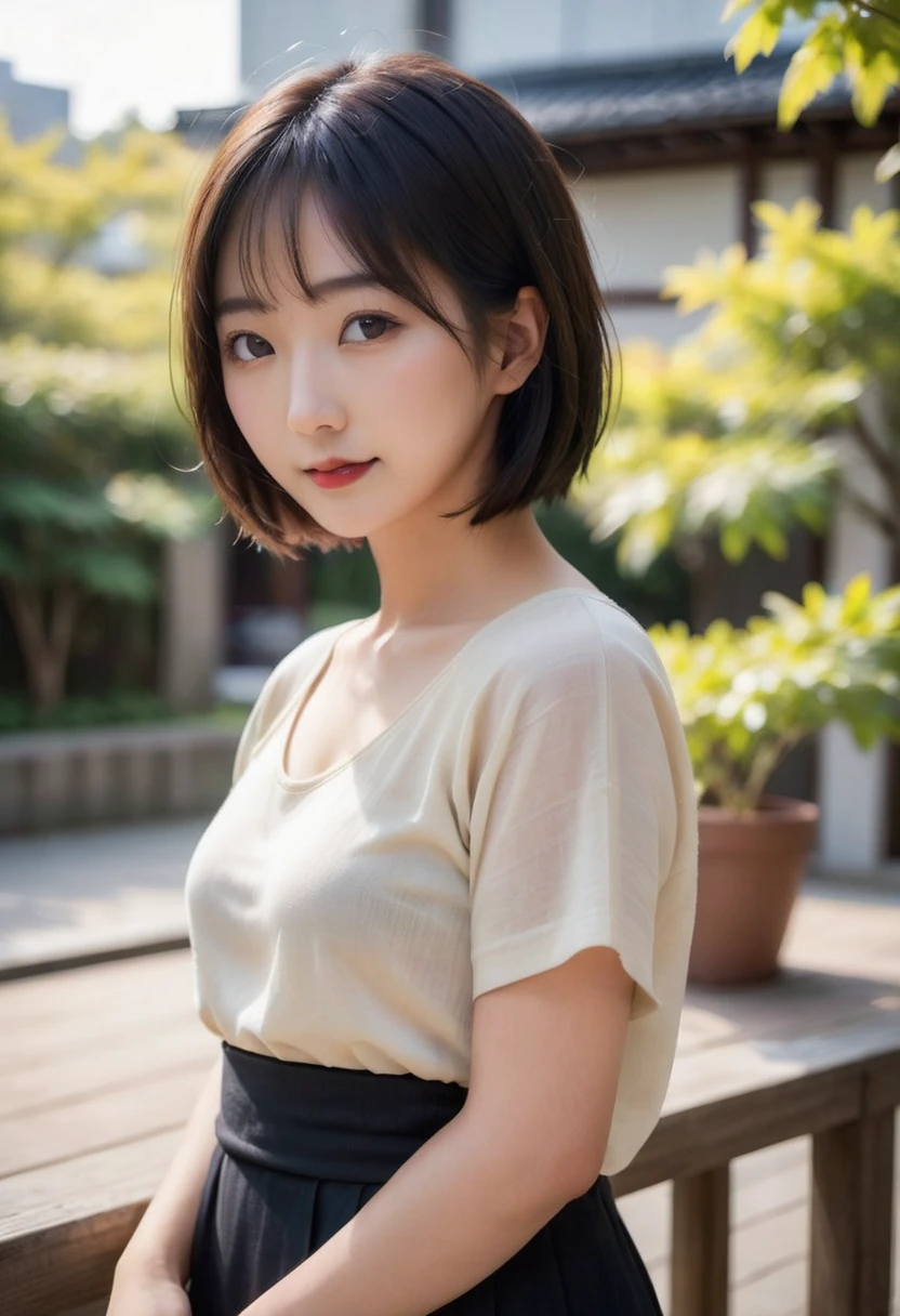 Portrait、8k、high quality、realistic photographic image、18-year-old、japanese woman、Reproduces natural and realistic eyes、japanese stand、beautiful black hair、bob cut hair、light makeup、Octane firm、beautiful lighting、composition of golden ratio、laughter、everyday wear、casual clothes、natural background、blurred background、high level emotion、Pure Japanese humanity、beautiful wife、Upper body、light makeup、No makeup、transparent beauty、plain clothes、green、Plain color、casual clothes、slight smile、small black eyes、background bokeh
