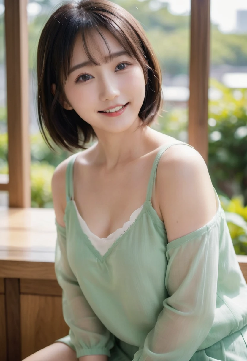 Portrait、8k、high quality、realistic photographic image、18-year-old、japanese woman、Reproduces natural and realistic eyes、japanese stand、beautiful black hair、bob cut hair、light makeup、Octane firm、beautiful lighting、composition of golden ratio、laughter、everyday wear、casual clothes、natural background、blurred background、high level emotion、Pure Japanese humanity、beautiful wife、Upper body、light makeup、No makeup、transparent beauty、plain clothes、green、Plain color、casual clothes、slight smile、small black eyes、background bokeh