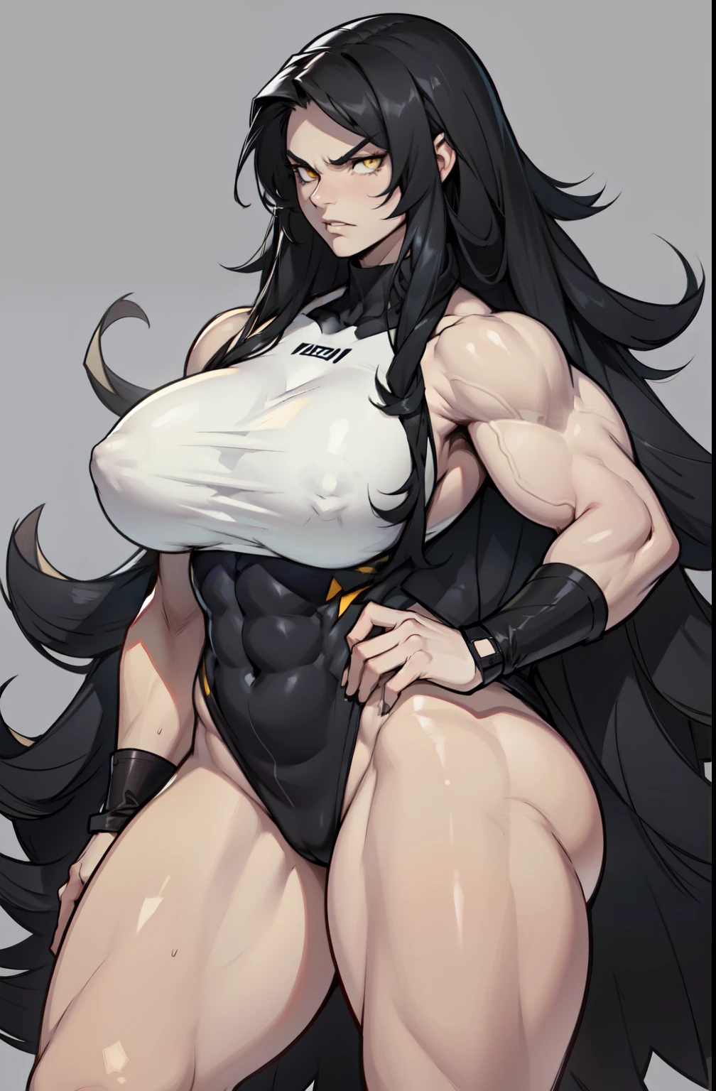 grey background, solo, (1 girl), very long hair, ((muscular)), black hair, angry, yellow eyes, huge tits, thick thighs, wide hips, pale skin, standing, slick hair, huge hair huge hair huge hair