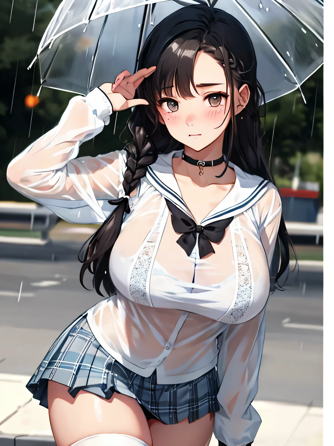 highest quality、High resolution、detailed background、beautiful and detailed face、beautiful and smooth skin、skin texture、beautiful  girl、(huge breasts:1.2)、
white panties、fancy bra、thin white sailor shirt、white sailor collar、Pleated mini skirt with tartan plaid pattern、braided hairstyles、white knee socks、white knee high socks、
During the morning school、school zone、(it&#39;s raining、My clothes are wet and transparent because of the rain.、You can see through the chest)、
Looks embarrassed、I'm embarrassed that my clothes are sheer、blushing、Look at me embarrassed、A shy gesture that hides the transparent clothes、cute、panty shot、emphasize cleavage、big ass、camel toe