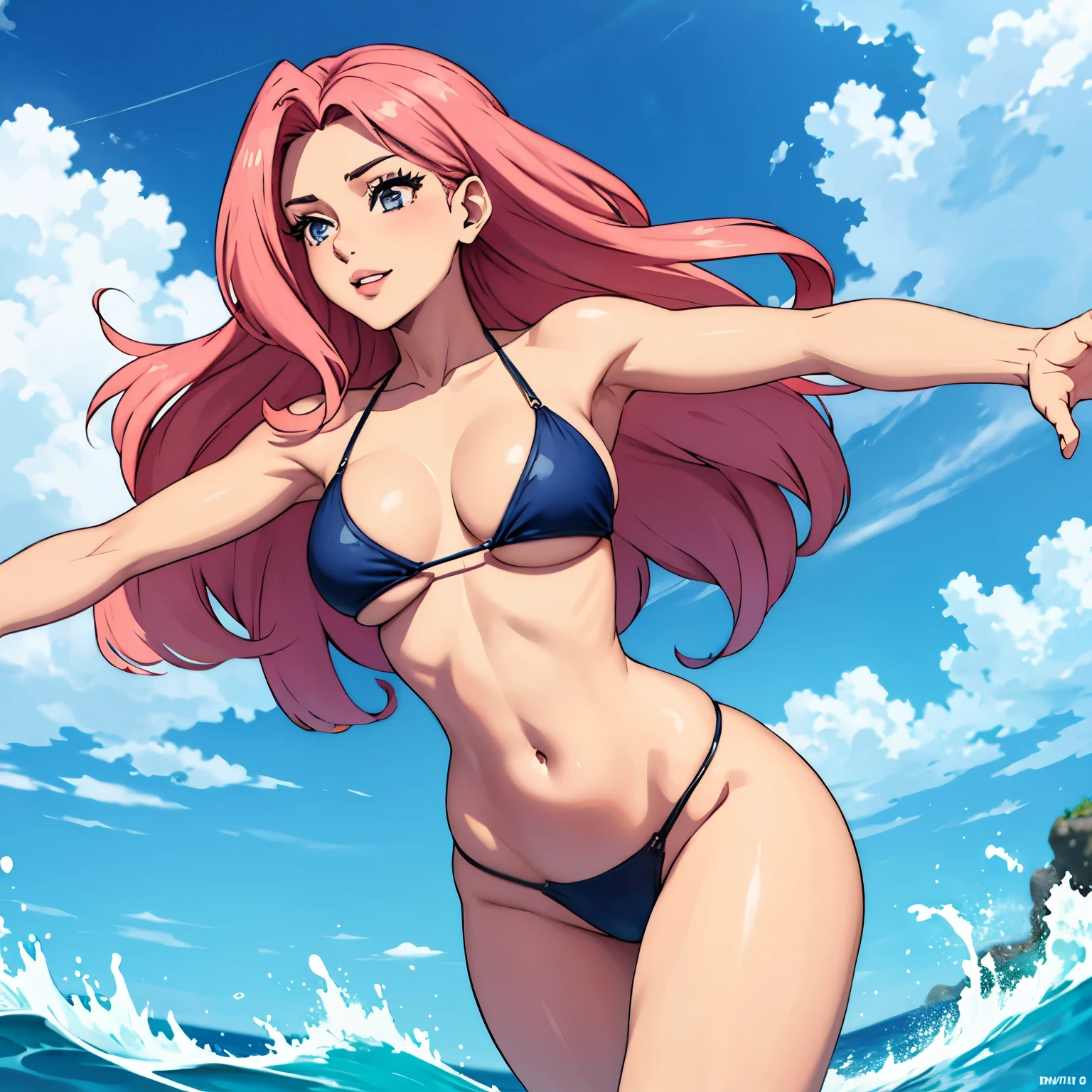beautiful woman 22 years old light skin pink hair , ojos azules detallados brillantes pechos grandes bikini turquesa . sonrisa picara, submerged in the ocean water drops on her body ocean bottom. ojos azules