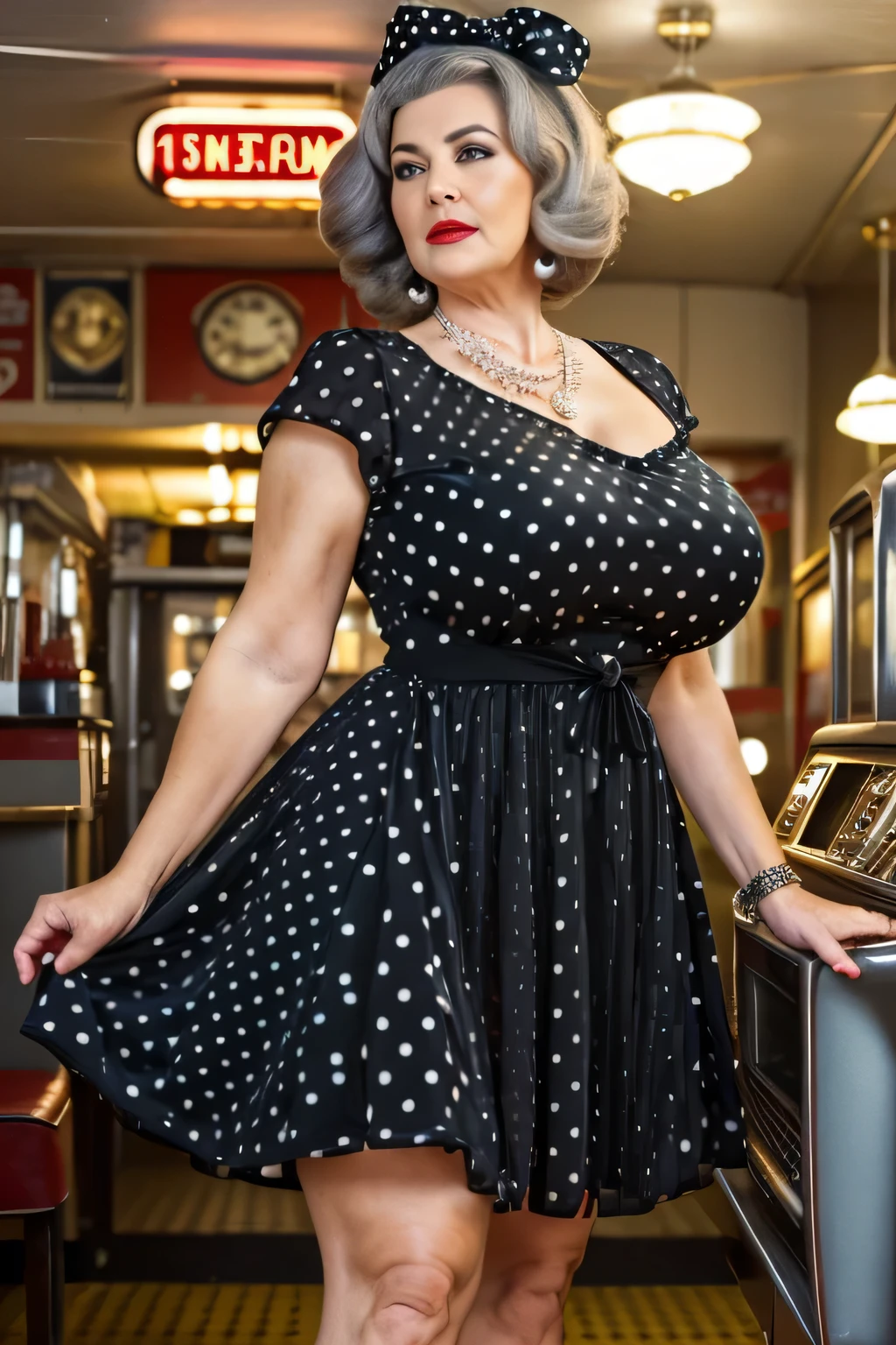 fat, a beautiful 70 year old woman, (mature), ((wearing a beautiful fluttering vintage formal black dresses with polka dots)), dresses with polka dots, realistic, chubby, smooth face, perfect eyes, symmetrical, 8k high definition, insanely detailed, intricate, elegant, art by David Kostic and stanley lau and artgerm, perfect skin, BEAUTIFUL TIMELESS, FAT, mature, (huge breasts:1.1), (gray hair), necklaces, bracelets, lipstick, background 60s vintage diner , wearing brooch, ass, beautiful thigh, on a jukebox, bow on head, doggy position, tie at the waist, (dress lifted by the wind), ass