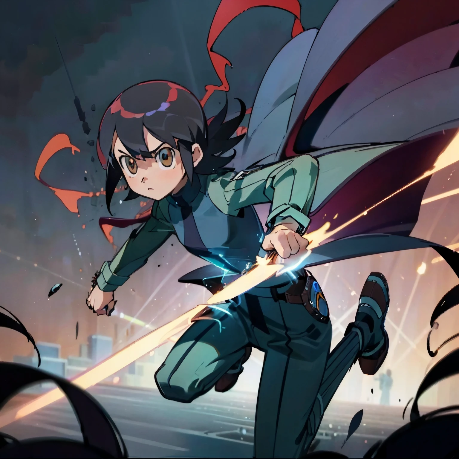 1 girl,Action pose, look behind, serious face, ((High res)), Sci-fi, dark background, running , cool , Giant spider tower in background, Gloom atmosphere, action packed, slashing sword , jumping at someone