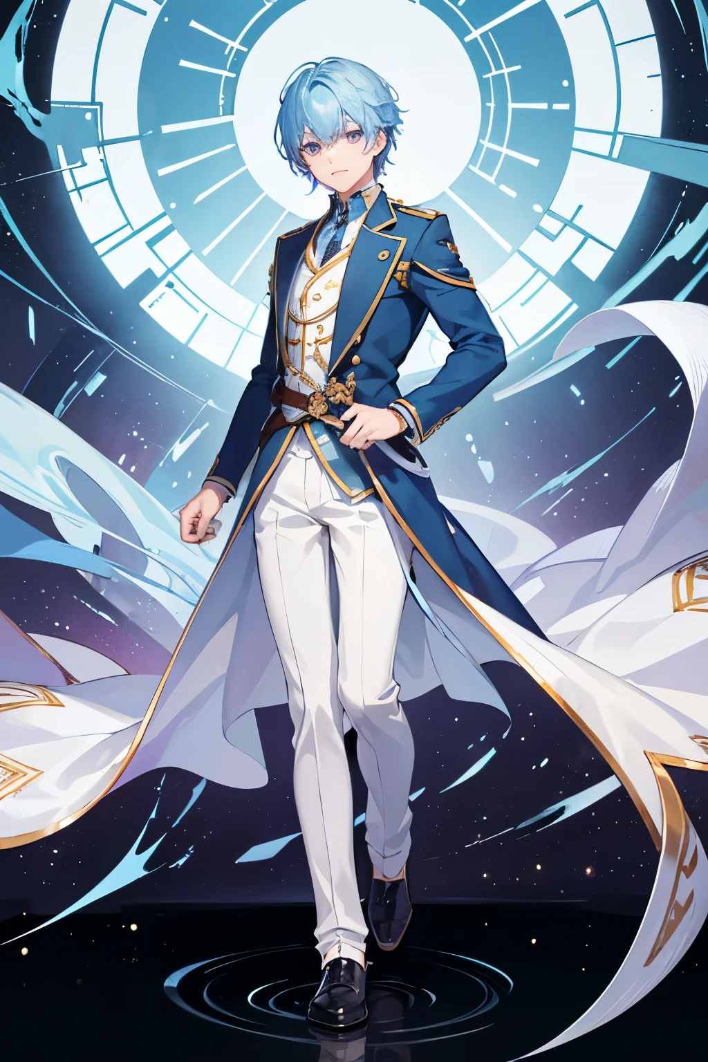 ((Full body)), (a boy), (super detailed), male role, beautiful boy, ((light blue clothes)), ((light blue hair)), ((purple eyes)), high quality
