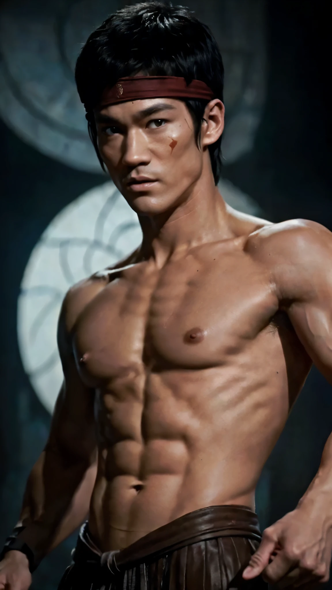 actor (()lifelike, ((best quality)), ((masterpiece)), (detailed), (topless:1.7) Create an illustrated portrait of young Prince Zuko "avatar: the last airbender". Describe him with a strong square jaw line, Gaunt cheeks and thin face, topless, Notice the details of the scar on his eye, golden eyes, he is a pyromancer, firebender, messy hair, and a hue, His muscular physique reflects his training and determination. capture his expression, Reflecting his inner conflict and growth throughout the series. The background should be dark and contain curved fire. Use dark colors and bold…, Mortal Kombat, (red headband),