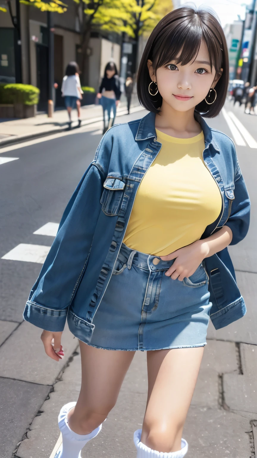 Masterpiece, Best-quality, RAW-photo, Ultra-High-Resolution, Photorealistic,
(Anatomically correct, 16-years-old, Japanese girl, baby face, cute face, Perfect human body, slim waist and busty body, Slender legs, Large breast, Realistic skin, angle from below),
((Wear Platform boots, loose socks, low-rise denim, and a yellow tight shirt.)),
(maiko, Round face, Black hair, Moist eyes, Shining eyes, Short bob cut, Bangs, Down-slating eyebrows, one little earring, Light blush),
(Look at the viewer, show the whole body, turn the body forward, hold the hem of the dress),
(goddess smile),
(Tokyo, A casual street where many teenagers walk, many young people walking),
Natural lighting, full length,