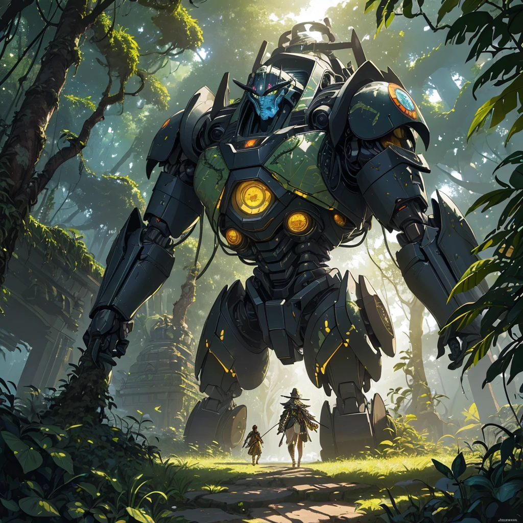 (a massive pyramid,naturalistic,overgrown with foliage),giant mecha of an Aztec god,figs,vines,jungle,ancient civilization,imposing presence,cryptic symbols,impressive engineering,complex machinery,detailed gears and joints,weathered metal and stone,concealed power source,moss-covered surfaces,mysterious atmosphere,ancient technology merging with nature,rays of sunlight piercing through the foliage,heavy footsteps signaling its movement,shadowy corners and hidden passages,ancient artifacts scattered around,exotic flora and fauna,gold accents glinting in the sunlight,sound of buzzing insects and chirping birds echoing in the distance,imposing and awe-inspiring,mixture of mythology and futuristic technology,rich color palette,high contrast lighting,ethereal and surreal,hints of supernatural power,immense scale and grandeur.(best quality,highres,ultra-detailed,photorealistic), Aztec god mecha emerging from the jungle-covered pyramid.