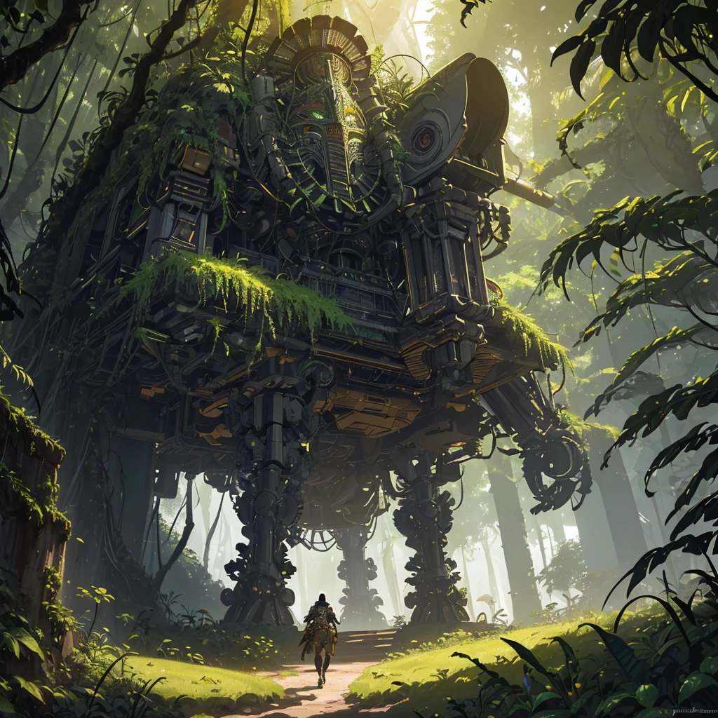 (a massive pyramid,naturalistic,overgrown with foliage),giant mecha of an Aztec god,figs,vines,jungle,ancient civilization,imposing presence,cryptic symbols,impressive engineering,complex machinery,detailed gears and joints,weathered metal and stone,concealed power source,moss-covered surfaces,mysterious atmosphere,ancient technology merging with nature,rays of sunlight piercing through the foliage,heavy footsteps signaling its movement,shadowy corners and hidden passages,ancient artifacts scattered around,exotic flora and fauna,gold accents glinting in the sunlight,sound of buzzing insects and chirping birds echoing in the distance,imposing and awe-inspiring,mixture of mythology and futuristic technology,rich color palette,high contrast lighting,ethereal and surreal,hints of supernatural power,immense scale and grandeur.(best quality,highres,ultra-detailed,photorealistic), Aztec god mecha emerging from the jungle-covered pyramid.