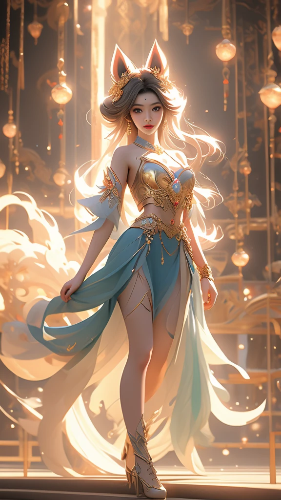 Aesthetic and dreamlike oil painting with hyper-realistic style, incredibly delicate and intricate brushwork. (League of Legends) Ahri, a magical and charming female character, wearing a laser metal reflective crop top and a super short skirt, adorned with fluorescent metal threads and a string of crystal glass beads. She has exquisitely refined facial features, captivating golden hair, and a mesmerizingly beautiful figure with astonishing body proportions. The artwork portrays a sense of realism, with Ahri wearing a dazzling outfit made of ornate shimmering metal plates, showcasing a cool, radiant, and fashionable look with a touch of futuristic technology. She stands in a dynamic pose, captured through an artistic lens, with a symmetrical composition and a composition following the golden ratio and S-curve. The artwork features cyberpunk lights, Dindal lighting effects, and a dreamlike play of light and shadow. It is a masterpiece with the best image quality, rendered in ultra-high definition resolution (64k) using CG rendering and the Unreal Engine 5, creating a surreal and enchanting visual experience.