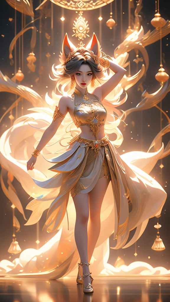 Aesthetic and dreamlike oil painting with hyper-realistic style, incredibly delicate and intricate brushwork. (League of Legends) Ahri, a magical and charming female character, wearing a laser metal reflective crop top and a super short skirt, adorned with fluorescent metal threads and a string of crystal glass beads. She has exquisitely refined facial features, captivating golden hair, and a mesmerizingly beautiful figure with astonishing body proportions. The artwork portrays a sense of realism, with Ahri wearing a dazzling outfit made of ornate shimmering metal plates, showcasing a cool, radiant, and fashionable look with a touch of futuristic technology. She stands in a dynamic pose, captured through an artistic lens, with a symmetrical composition and a composition following the golden ratio and S-curve. The artwork features cyberpunk lights, Dindal lighting effects, and a dreamlike play of light and shadow. It is a masterpiece with the best image quality, rendered in ultra-high definition resolution (64k) using CG rendering and the Unreal Engine 5, creating a surreal and enchanting visual experience.