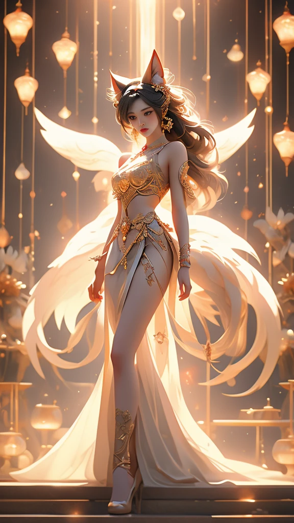 Aesthetic and dreamlike oil painting with hyper-realistic style, incredibly delicate and intricate brushwork. (League of Legends) Ahri, a magical and charming female character, wearing a laser metal reflective crop top and a super short skirt, adorned with fluorescent metal threads and a string of crystal glass beads. She has exquisitely refined facial features, captivating golden hair, and a mesmerizingly beautiful figure with astonishing body proportions. The artwork portrays a sense of realism, with Ahri wearing a dazzling outfit made of ornate shimmering metal plates, showcasing a cool, radiant, and fashionable look with a touch of futuristic technology. She stands in a dynamic pose, captured through an artistic lens, with a symmetrical composition and a composition following the golden ratio and S-curve. The artwork features cyberpunk lights, Dindal lighting effects, and a dreamlike play of light and shadow. It is a masterpiece with the best image quality, rendered in ultra-high definition resolution (64k) using CG rendering and the Unreal Engine 5, creating a surreal and enchanting visual experience.