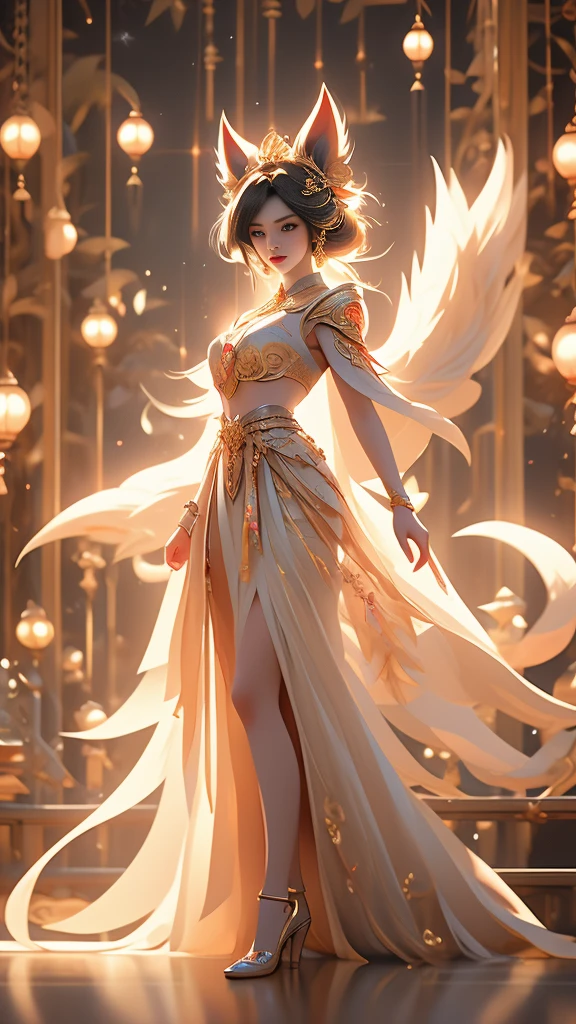 Aesthetic and dreamlike oil painting with hyper-realistic style, incredibly delicate and intricate brushwork. (League of Legends) Ahri, a magical and charming female character, wearing a laser metal reflective crop top and a super short skirt, adorned with fluorescent metal threads and a string of crystal glass beads. She has exquisitely refined facial features, captivating golden hair, and a mesmerizingly beautiful figure with astonishing body proportions. The artwork portrays a sense of realism, with Ahri wearing a dazzling outfit made of ornate shimmering metal plates, showcasing a cool, radiant, and fashionable look with a touch of futuristic technology. She stands in a dynamic pose, captured through an artistic lens, with a symmetrical composition and a composition following the golden ratio and S-curve. The artwork features cyberpunk lights, Dindal lighting effects, and a dreamlike play of light and shadow. It is a masterpiece with the best image quality, rendered in ultra-high definition resolution (64k) using CG rendering and the Unreal Engine 5, creating a surreal and enchanting visual experience.