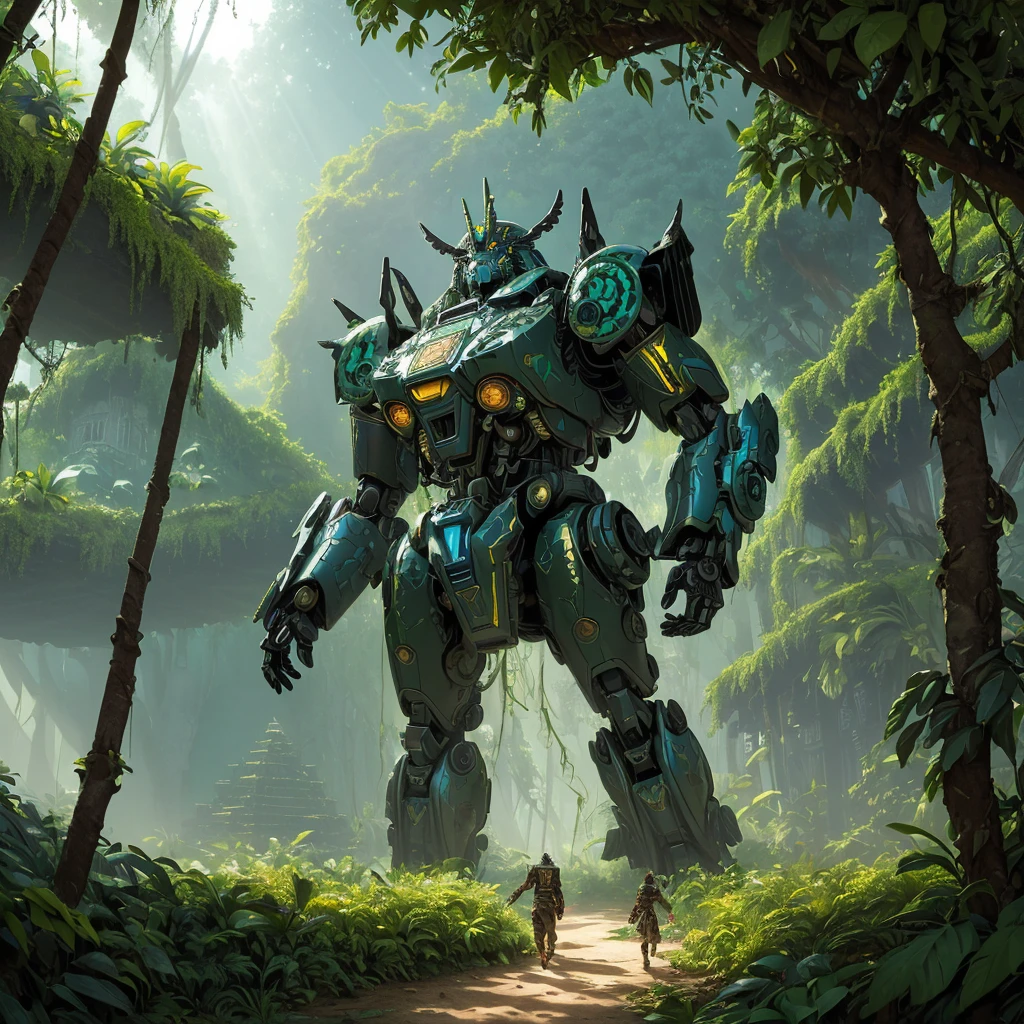 (a massive pyramid,naturalistic,overgrown with foliage),giant mecha of an Aztec god,figs,vines,jungle,ancient civilization,imposing presence,cryptic symbols,impressive engineering,complex machinery,detailed gears and joints,weathered metal and stone,concealed power source,moss-covered surfaces,mysterious atmosphere,ancient technology merging with nature,rays of sunlight piercing through the foliage,heavy footsteps signaling its movement,shadowy corners and hidden passages,ancient artifacts scattered around,exotic flora and fauna,gold accents glinting in the sunlight,sound of buzzing insects and chirping birds echoing in the distance,imposing and awe-inspiring,mixture of mythology and futuristic technology,rich color palette,high contrast lighting,ethereal and surreal,hints of supernatural power,immense scale and grandeur.(best quality,highres,ultra-detailed,photorealistic), Aztec god mecha emerging from the jungle-covered pyramid.
