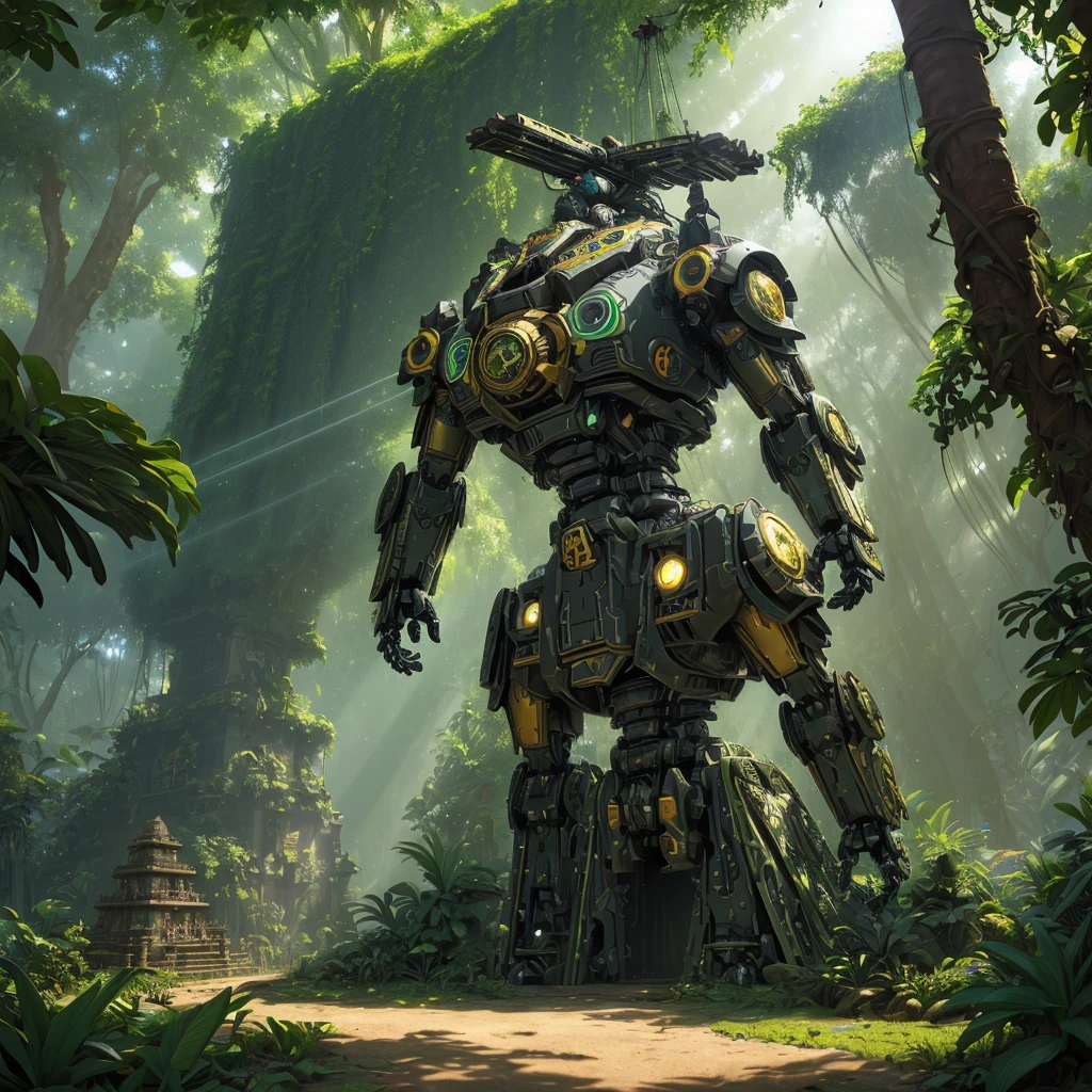 (a massive pyramid,naturalistic,overgrown with foliage),giant mecha of an Aztec god,figs,vines,jungle,ancient civilization,imposing presence,cryptic symbols,impressive engineering,complex machinery,detailed gears and joints,weathered metal and stone,concealed power source,moss-covered surfaces,mysterious atmosphere,ancient technology merging with nature,rays of sunlight piercing through the foliage,heavy footsteps signaling its movement,shadowy corners and hidden passages,ancient artifacts scattered around,exotic flora and fauna,gold accents glinting in the sunlight,sound of buzzing insects and chirping birds echoing in the distance,imposing and awe-inspiring,mixture of mythology and futuristic technology,rich color palette,high contrast lighting,ethereal and surreal,hints of supernatural power,immense scale and grandeur.(best quality,highres,ultra-detailed,photorealistic), Aztec god mecha emerging from the jungle-covered pyramid.