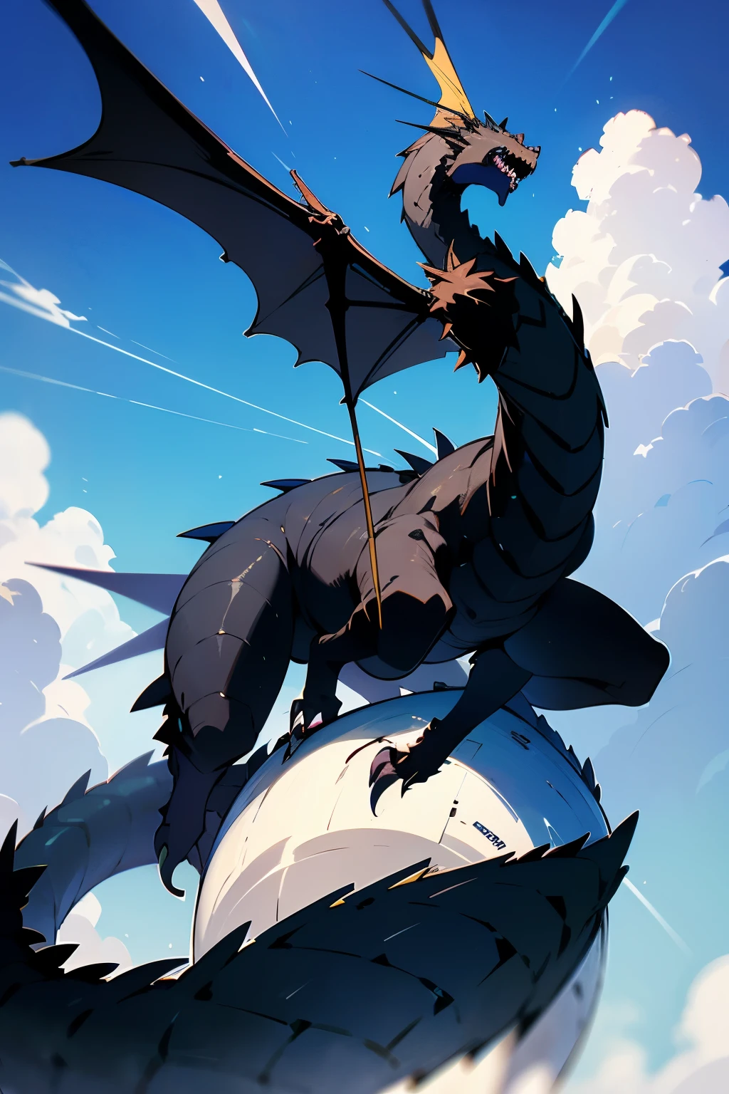 A big black dragon flies high in the sky.