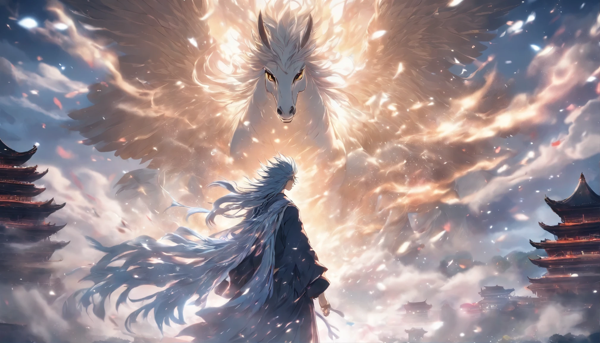 Chinese style,中景 the scene is,The scholar stands in front of the huge Pegasus and looks ahead,Pegasus shows off its huge limbs,stretch out your hands,messy long hair,glow effect,surreal,Super real photos,Chinese black and white ink style,Silver,decolorization,soil,ink,8k,Ultra-fine,high quality,Overclocked renderer