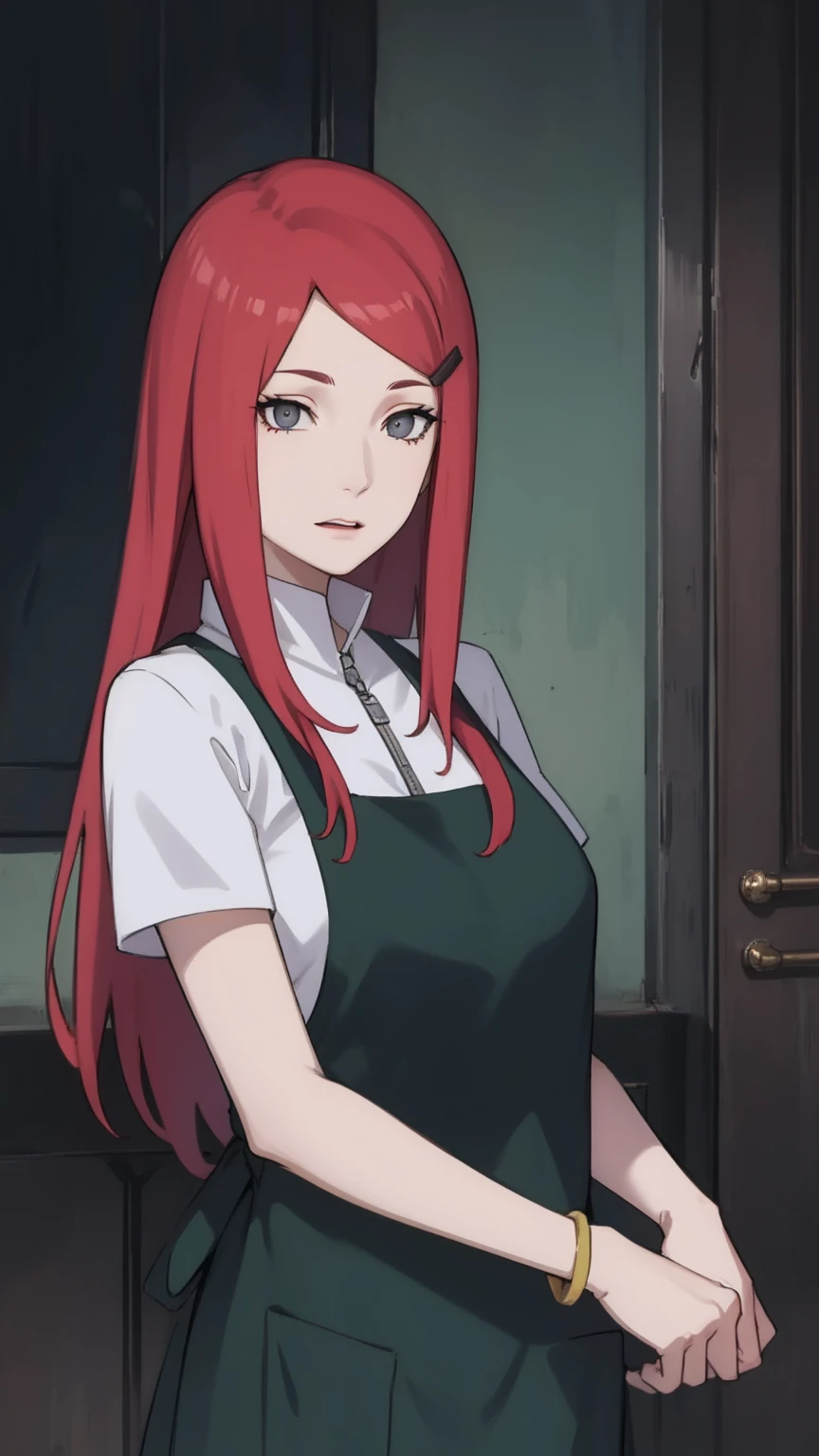 {-erro_de_anatomia:1.0} kushina, kushina, long hair, hair ornament, red hair, red head, hairclip, (grey eyes:1.5), BREAK shirt, dress, jewelry, white shirt, short sleeves, apron, bracelet, green apron, collar, BREAK looking at viewer, upper body, full body, cowboy shot, BREAK indoors, BREAK (masterpiece:1.2), best quality, high resolution, unity 8k wallpaper, (illustration:0.8), (beautiful detailed eyes:1.6), extremely detailed face, perfect lighting, extremely detailed CG, (perfect hands, perfect anatomy),