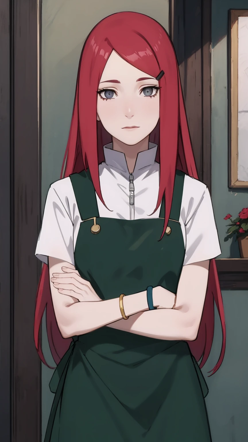 {-erro_de_anatomia:1.0} kushina, kushina, long hair, hair ornament, red hair, red head, hairclip, (grey eyes:1.5), BREAK shirt, dress, jewelry, white shirt, short sleeves, apron, bracelet, green apron, collar, BREAK looking at viewer, upper body, full body, cowboy shot, BREAK indoors, BREAK (masterpiece:1.2), best quality, high resolution, unity 8k wallpaper, (illustration:0.8), (beautiful detailed eyes:1.6), extremely detailed face, perfect lighting, extremely detailed CG, (perfect hands, perfect anatomy),