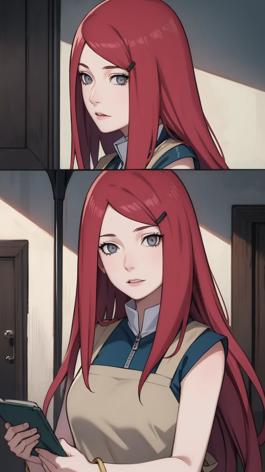 {-erro_de_anatomia:1.0} kushina, kushina, long hair, hair ornament, red hair, red head, hairclip, (grey eyes:1.5), BREAK shirt, dress, jewelry, white shirt, short sleeves, apron, bracelet, green apron, collar, BREAK looking at viewer, upper body, full body, cowboy shot, BREAK indoors, BREAK (masterpiece:1.2), best quality, high resolution, unity 8k wallpaper, (illustration:0.8), (beautiful detailed eyes:1.6), extremely detailed face, perfect lighting, extremely detailed CG, (perfect hands, perfect anatomy),
