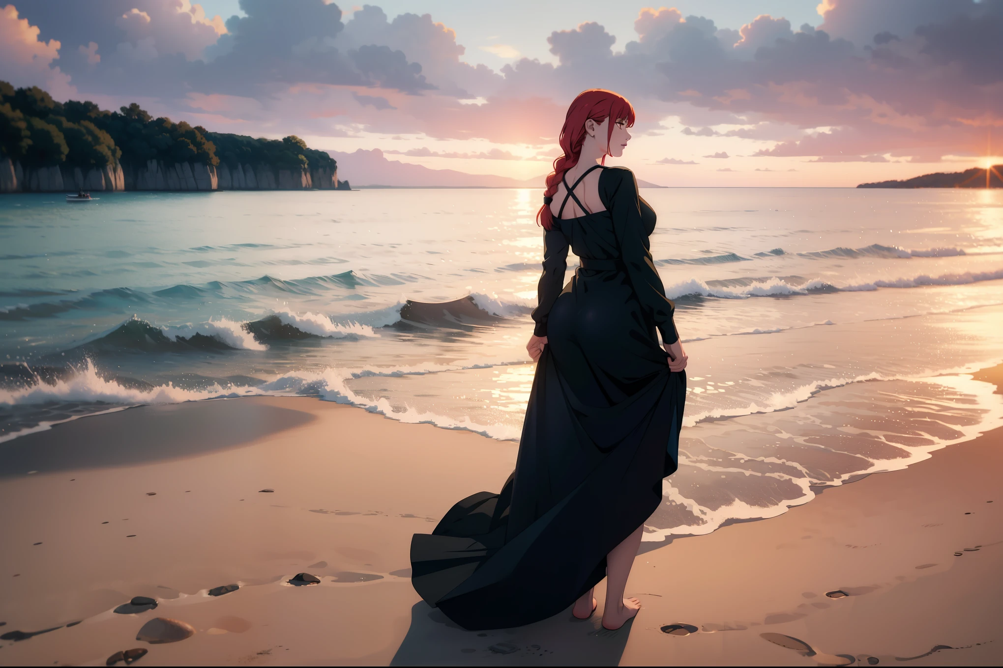 a beautiful woman in a tight black dress with long sleeves, from behind, looking back, on a beach, panoramic horizon, sunset, beautiful landscape, masterpiece, stunning body, big ass, barefoot, redhead, braid
