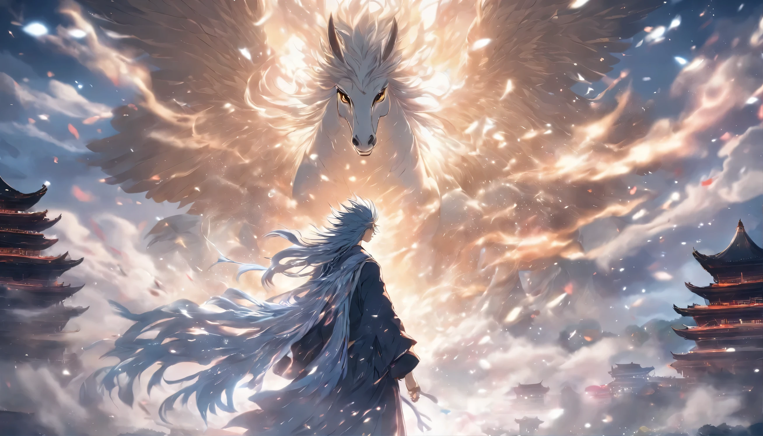 Chinese style,中景 the scene is,Scholar stands in front of huge Pegasus,Look ahead,Pegasus shows off its huge limbs,stretch out your hands,messy long hair,glow effect,surreal,Super real photos,Chinese black and white ink style,Silver,decolorization,soil,ink,8k,Ultra-fine,high quality,Overclocked renderer