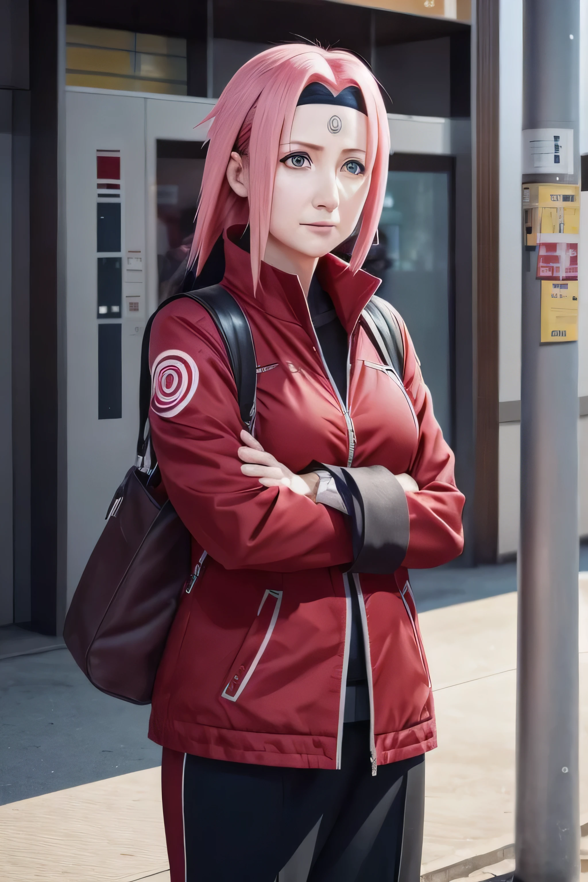 A middle-aged woman waiting for the bus，Sakura Haruno