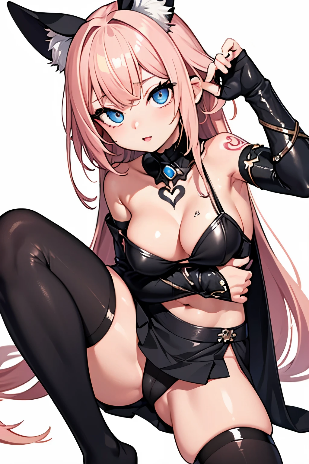 1girl, anime, cute girl, blank background, white background, fantasy, detailed fantasy dress with highlights, beautiful face, beautiful eyes, dark colors, pink hair with some streaks of blue strands, different color pupil in eye, medium small breasts (slightly big), slight cleavage, beautiful skin, cute, breast curtains, extremely delicate and beautiful, (beautiful detailed face:1.0), (detailed deep eyes), symmetrical breasts, deep eyes, shiny skin, portrait, slender waist, hips wider than shoulders, thighs, expressionless, young girl, luminous eyes, adorable，（Kpop idol）,（aegyo sal：1），（Platinum blonde hair：1），（（puffy eye）），Black panty，sexy posture，Superskirt, ultra high resolution，Black collar，slim figure, Abdominal y tattoo, womb tattoo，Tight-fitting leg ring，y tattoo on half-body，Bare skin, Armored hand，Hidden fingertips，Hand covered，Arm covered，Fist covered,{{beautiful detailed fingers}}, tufts of hair, moderate beautiful breast:1.0,