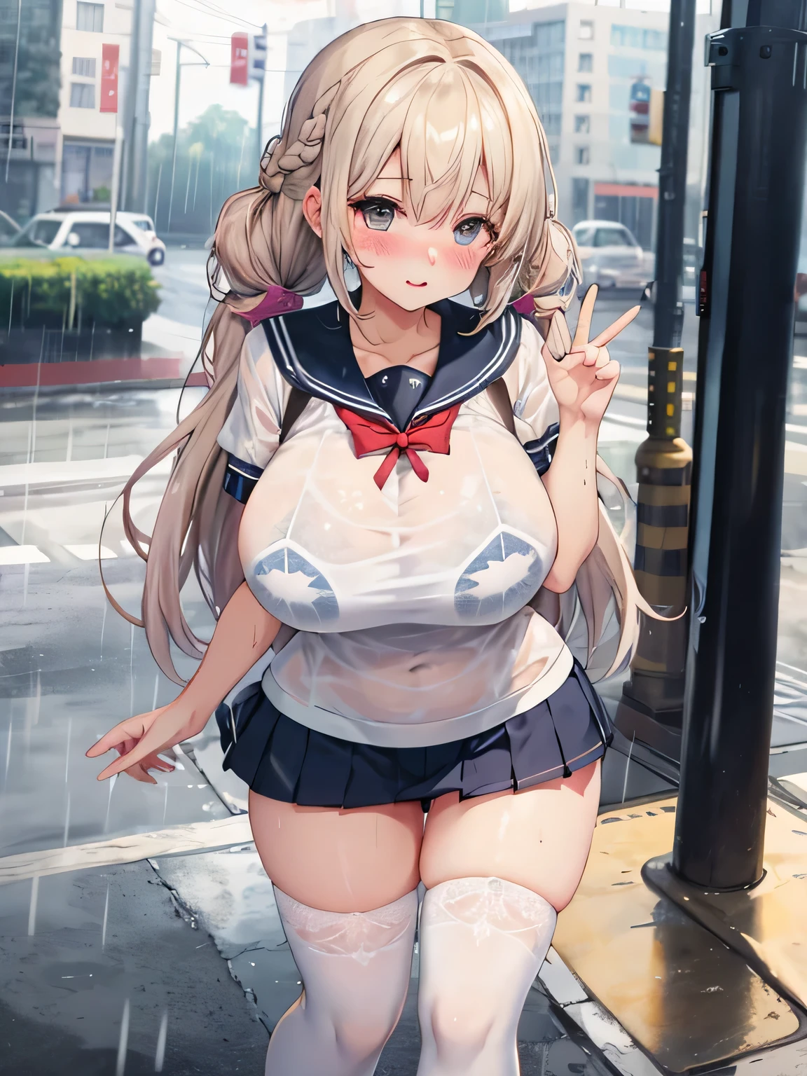 highest quality、High resolution、detailed background、beautiful and detailed face、beautiful and smooth skin、skin texture、beautiful  girl、(huge breasts:1.2)、
brightly colored panties、Bra with fancy pattern、thin white short sleeve sailor shirt、sailor color、Cute colored pleated mini skirt、braided hairstyles、white knee socks、white knee high socks、
During the morning school、school zone、(it&#39;s raining、My clothes are wet and transparent because of the rain.、You can see through the chest)、
Looks embarrassed、I'm embarrassed that my clothes are sheer、blushing、Look at me embarrassed、A shy gesture that hides the transparent clothes、cute、panty shot、emphasize cleavage、big ass、camel toe