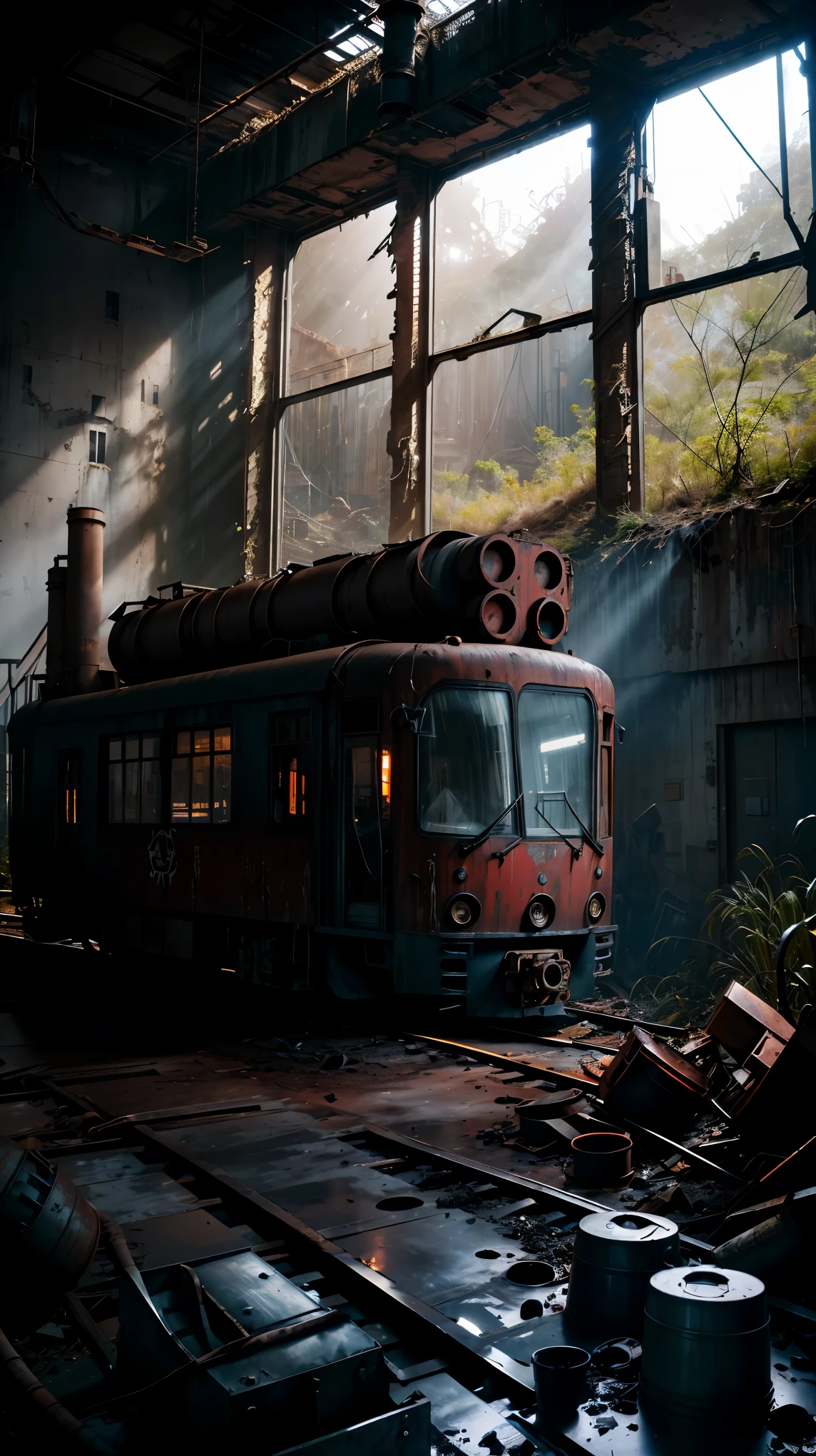 (Abandoned house photo focusing on abandoned industrial machinery), abandoned coal mine landscape, placed machine, ((Ruined trolley train, 放置されたheavy equipment, industrial waste)), quiet, desolate, minimalist, industrial atmosphere, moody lighting, heavy equipment, spider web, dusty, eerie silence, Crumbling walls, rust, Overgrown vegetation, Remnants of past activities, dark space, broken window, calm colors, mysterious atmosphere