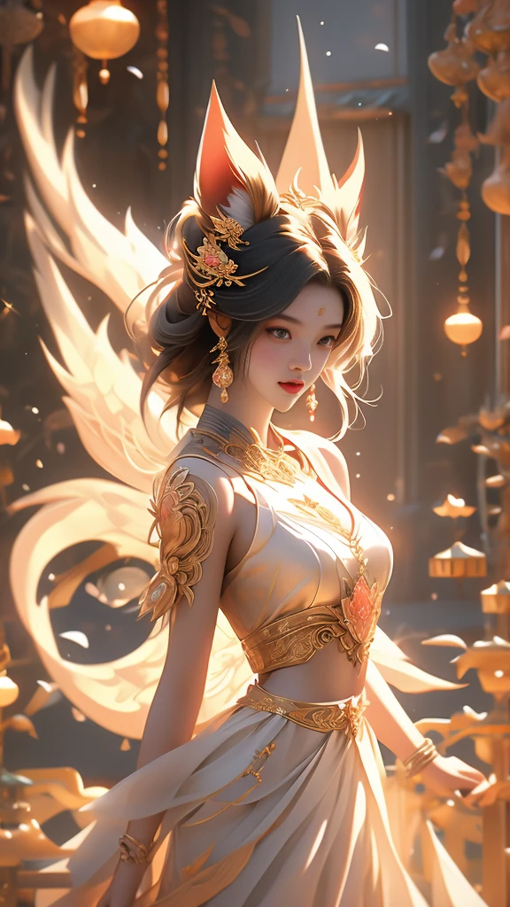 Aesthetic and dreamlike oil painting with hyper-realistic style, incredibly delicate and intricate brushwork. (League of Legends) Ahri, a magical and charming female character, wearing a laser metal reflective crop top and a super short skirt, adorned with fluorescent metal threads and a string of crystal glass beads. She has exquisitely refined facial features, captivating golden hair, and a mesmerizingly beautiful figure with astonishing body proportions. The artwork portrays a sense of realism, with Ahri wearing a dazzling outfit made of ornate shimmering metal plates, showcasing a cool, radiant, and fashionable look with a touch of futuristic technology. She stands in a dynamic pose, captured through an artistic lens, with a symmetrical composition and a composition following the golden ratio and S-curve. The artwork features cyberpunk lights, Dindal lighting effects, and a dreamlike play of light and shadow. It is a masterpiece with the best image quality, rendered in ultra-high definition resolution (64k) using CG rendering and the Unreal Engine 5, creating a surreal and enchanting visual experience.