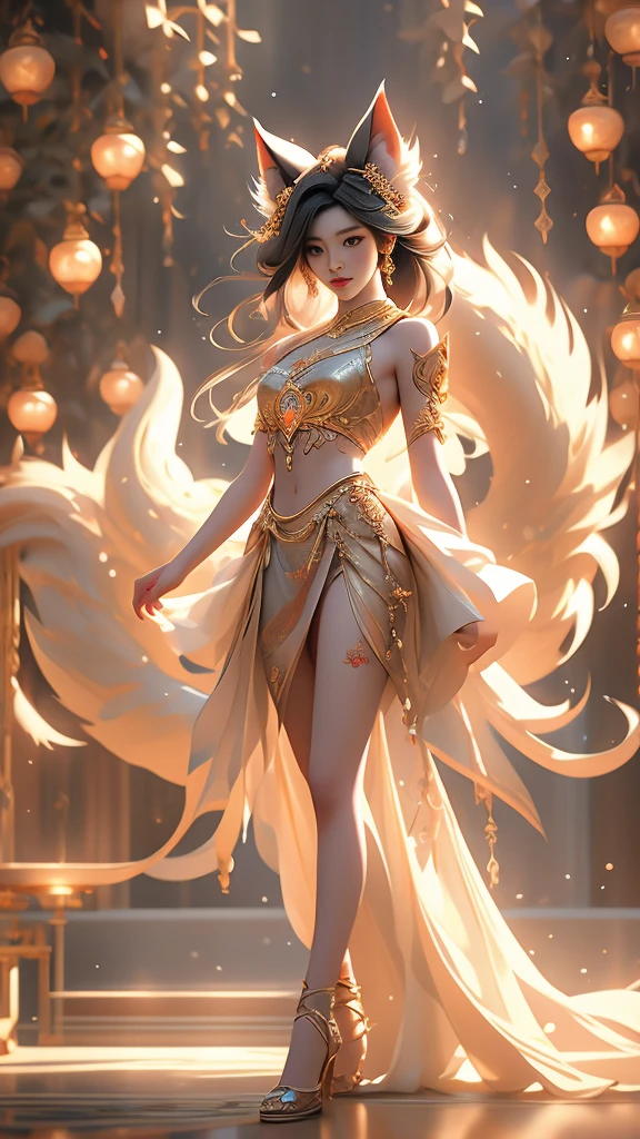 Aesthetic and dreamlike oil painting with hyper-realistic style, incredibly delicate and intricate brushwork. (League of Legends) Ahri, a magical and charming female character, wearing a laser metal reflective crop top and a super short skirt, adorned with fluorescent metal threads and a string of crystal glass beads. She has exquisitely refined facial features, captivating golden hair, and a mesmerizingly beautiful figure with astonishing body proportions. The artwork portrays a sense of realism, with Ahri wearing a dazzling outfit made of ornate shimmering metal plates, showcasing a cool, radiant, and fashionable look with a touch of futuristic technology. She stands in a dynamic pose, captured through an artistic lens, with a symmetrical composition and a composition following the golden ratio and S-curve. The artwork features cyberpunk lights, Dindal lighting effects, and a dreamlike play of light and shadow. It is a masterpiece with the best image quality, rendered in ultra-high definition resolution (64k) using CG rendering and the Unreal Engine 5, creating a surreal and enchanting visual experience.
