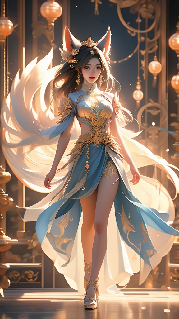 Aesthetic and dreamlike oil painting with hyper-realistic style, incredibly delicate and intricate brushwork. (League of Legends) Ahri, a magical and charming female character, wearing a laser metal reflective crop top and a super short skirt, adorned with fluorescent metal threads and a string of crystal glass beads. She has exquisitely refined facial features, captivating golden hair, and a mesmerizingly beautiful figure with astonishing body proportions. The artwork portrays a sense of realism, with Ahri wearing a dazzling outfit made of ornate shimmering metal plates, showcasing a cool, radiant, and fashionable look with a touch of futuristic technology. She stands in a dynamic pose, captured through an artistic lens, with a symmetrical composition and a composition following the golden ratio and S-curve. The artwork features cyberpunk lights, Dindal lighting effects, and a dreamlike play of light and shadow. It is a masterpiece with the best image quality, rendered in ultra-high definition resolution (64k) using CG rendering and the Unreal Engine 5, creating a surreal and enchanting visual experience.
