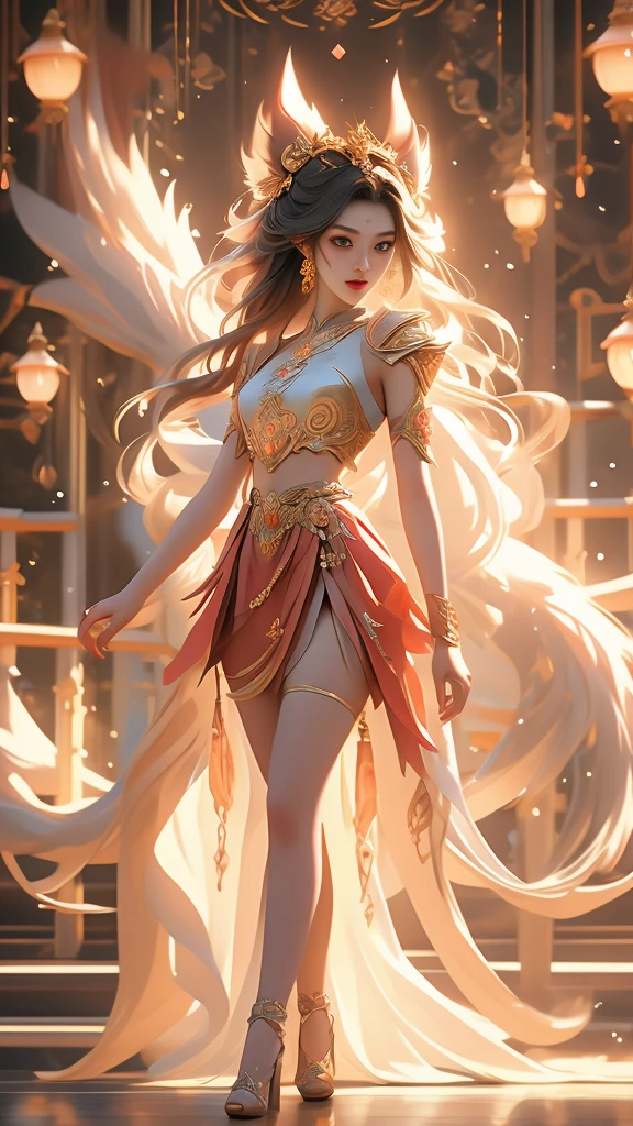 Aesthetic and dreamlike oil painting with hyper-realistic style, incredibly delicate and intricate brushwork. (League of Legends) Ahri, a magical and charming female character, wearing a laser metal reflective crop top and a super short skirt, adorned with fluorescent metal threads and a string of crystal glass beads. She has exquisitely refined facial features, captivating golden hair, and a mesmerizingly beautiful figure with astonishing body proportions. The artwork portrays a sense of realism, with Ahri wearing a dazzling outfit made of ornate shimmering metal plates, showcasing a cool, radiant, and fashionable look with a touch of futuristic technology. She stands in a dynamic pose, captured through an artistic lens, with a symmetrical composition and a composition following the golden ratio and S-curve. The artwork features cyberpunk lights, Dindal lighting effects, and a dreamlike play of light and shadow. It is a masterpiece with the best image quality, rendered in ultra-high definition resolution (64k) using CG rendering and the Unreal Engine 5, creating a surreal and enchanting visual experience.