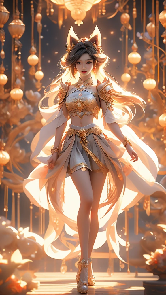 Aesthetic and dreamlike oil painting with hyper-realistic style, incredibly delicate and intricate brushwork. (League of Legends) Ahri, a magical and charming female character, wearing a laser metal reflective crop top and a super short skirt, adorned with fluorescent metal threads and a string of crystal glass beads. She has exquisitely refined facial features, captivating golden hair, and a mesmerizingly beautiful figure with astonishing body proportions. The artwork portrays a sense of realism, with Ahri wearing a dazzling outfit made of ornate shimmering metal plates, showcasing a cool, radiant, and fashionable look with a touch of futuristic technology. She stands in a dynamic pose, captured through an artistic lens, with a symmetrical composition and a composition following the golden ratio and S-curve. The artwork features cyberpunk lights, Dindal lighting effects, and a dreamlike play of light and shadow. It is a masterpiece with the best image quality, rendered in ultra-high definition resolution (64k) using CG rendering and the Unreal Engine 5, creating a surreal and enchanting visual experience.
