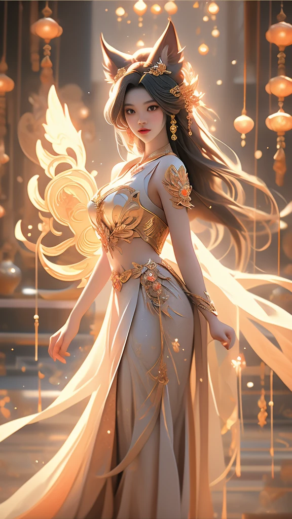 Aesthetic and dreamlike oil painting with hyper-realistic style, incredibly delicate and intricate brushwork. (League of Legends) Ahri, a magical and charming female character, wearing a laser metal reflective crop top and a super short skirt, adorned with fluorescent metal threads and a string of crystal glass beads. She has exquisitely refined facial features, captivating golden hair, and a mesmerizingly beautiful figure with astonishing body proportions. The artwork portrays a sense of realism, with Ahri wearing a dazzling outfit made of ornate shimmering metal plates, showcasing a cool, radiant, and fashionable look with a touch of futuristic technology. She stands in a dynamic pose, captured through an artistic lens, with a symmetrical composition and a composition following the golden ratio and S-curve. The artwork features cyberpunk lights, Dindal lighting effects, and a dreamlike play of light and shadow. It is a masterpiece with the best image quality, rendered in ultra-high definition resolution (64k) using CG rendering and the Unreal Engine 5, creating a surreal and enchanting visual experience.