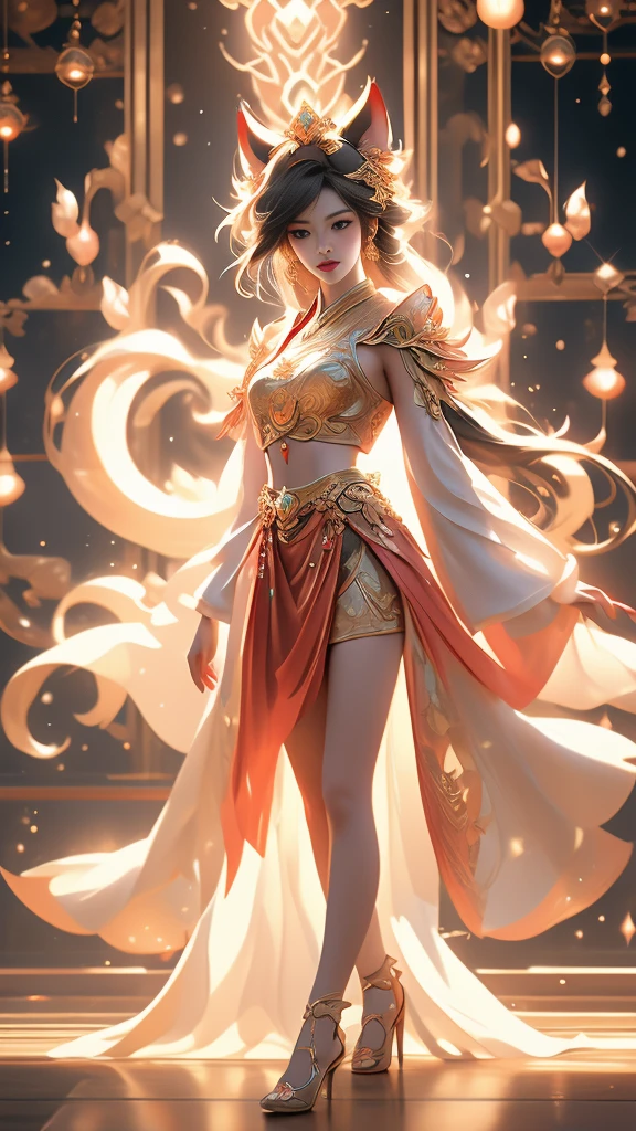 Aesthetic and dreamlike oil painting with hyper-realistic style, incredibly delicate and intricate brushwork. (League of Legends) Ahri, a magical and charming female character, wearing a laser metal reflective crop top and a super short skirt, adorned with fluorescent metal threads and a string of crystal glass beads. She has exquisitely refined facial features, captivating golden hair, and a mesmerizingly beautiful figure with astonishing body proportions. The artwork portrays a sense of realism, with Ahri wearing a dazzling outfit made of ornate shimmering metal plates, showcasing a cool, radiant, and fashionable look with a touch of futuristic technology. She stands in a dynamic pose, captured through an artistic lens, with a symmetrical composition and a composition following the golden ratio and S-curve. The artwork features cyberpunk lights, Dindal lighting effects, and a dreamlike play of light and shadow. It is a masterpiece with the best image quality, rendered in ultra-high definition resolution (64k) using CG rendering and the Unreal Engine 5, creating a surreal and enchanting visual experience.