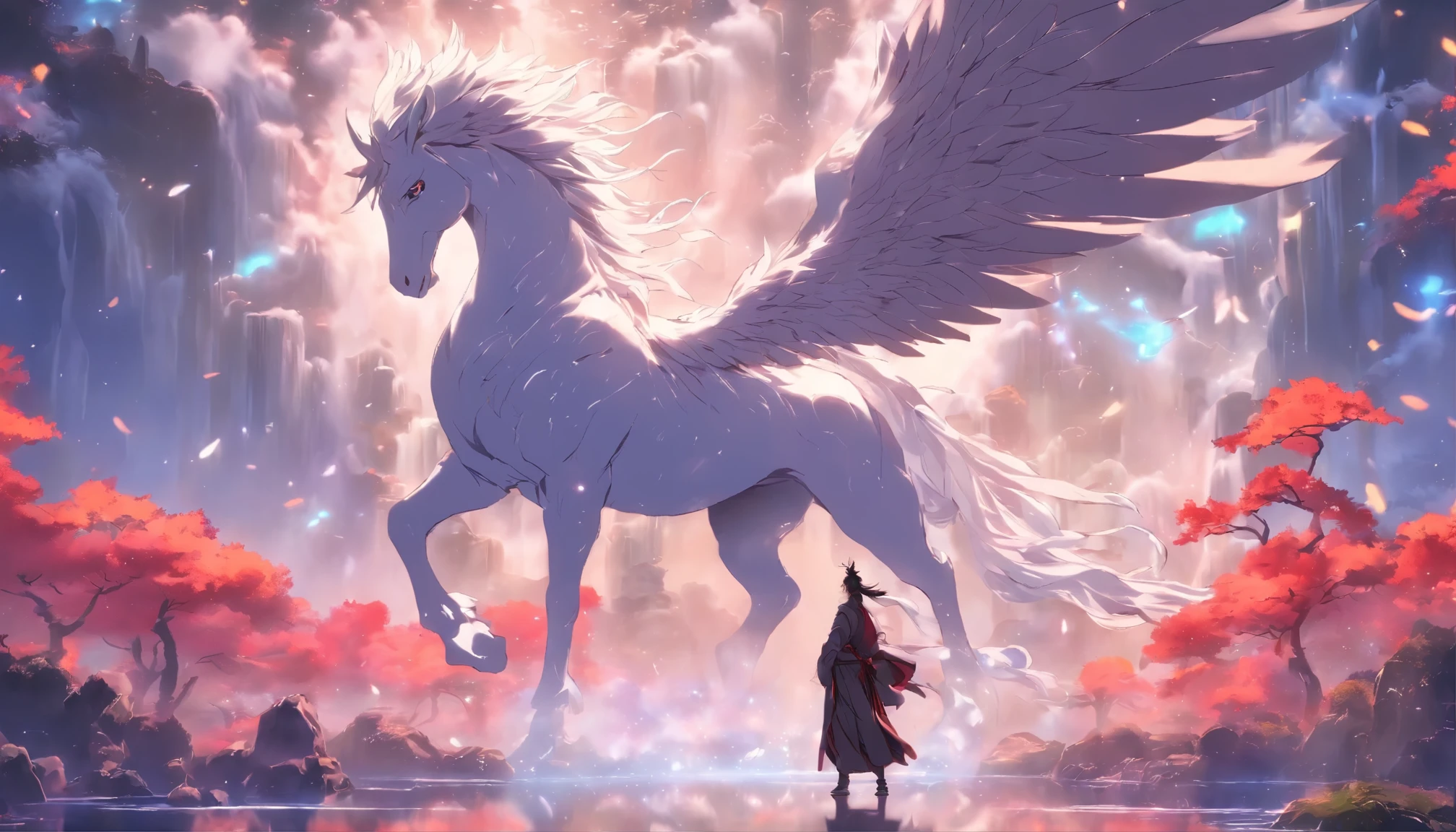 Chinese style,中景 the scene is,The scholar stands in front of the huge Pegasus and looks ahead,Pegasus shows off its huge limbs,stretch out your hands,messy long hair,glow effect,surreal,Super real photos,Chinese black and white ink style,Silver,decolorization,soil,ink,8k,Ultra-fine,high quality,Overclocked renderer