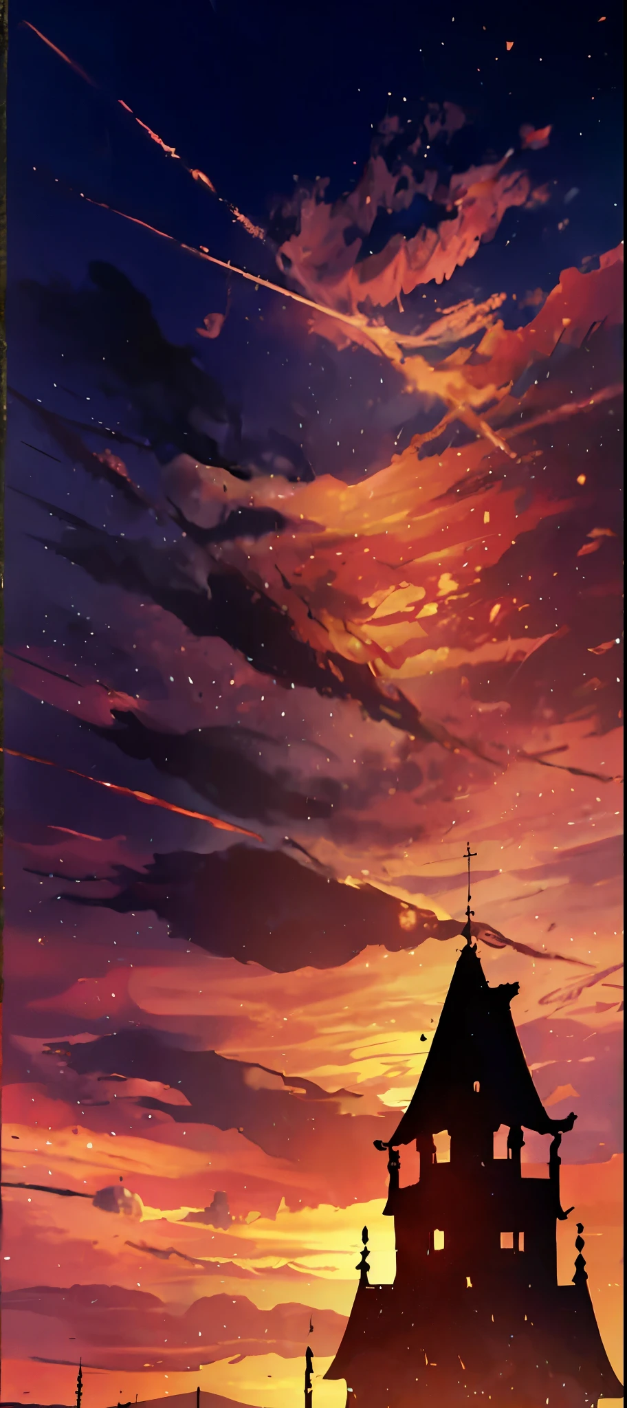 Castles in medieval、Depiction looking up from below、Highlighted view、The sunset is beautiful in the evening. Anime sky background, beautiful and harmonious scene, clarity 4k, artistic 4k wallpaper, stunning anime landscape.