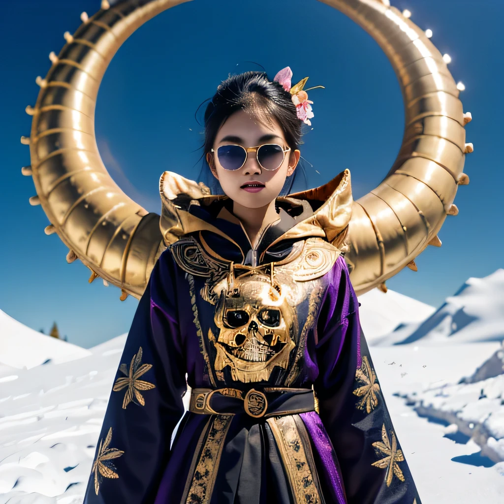 On snowy nights，32k（masterpiece，HD，super high quality，32k）Purple-pink double ponytail，flower stick，Indigo Skull King ，mahogany steering wheel （The skeleton is very realistic：1.4），crocodile print robe，Rusty skull ornaments，Sand gold linen cloak，Petals flying，Deep gold sunglasses，Hold your head high，worthy of pride，looking at people through nostrils，A primary and secondary school student， high resolution，Xueba， detail， original photo， Sharp Re， Nikon D850 film photo by Jefferies Lee 4 Kodak Portra 400 camera F1.6 guns, rich and colorful, Super real、Vivid texture, dramatic lighting, Unreal Engine Art Station Trend, Silicon Nest 800，Hold your head high，side，worthy of pride，looking at people through nostrils，arrogant，Petals flying，Petals flying，Gold-plated crocodile leather，Fluttering，Impeccable，( Reasonable design, clear lines, HD definition,best quality, Very detailed skeleton, skeleton of masterpiece, official art, Lighting effects, 8K crocodile skeleton（（（Platinum marble sunglasses）））Deep gold sunglasses，sideportrait