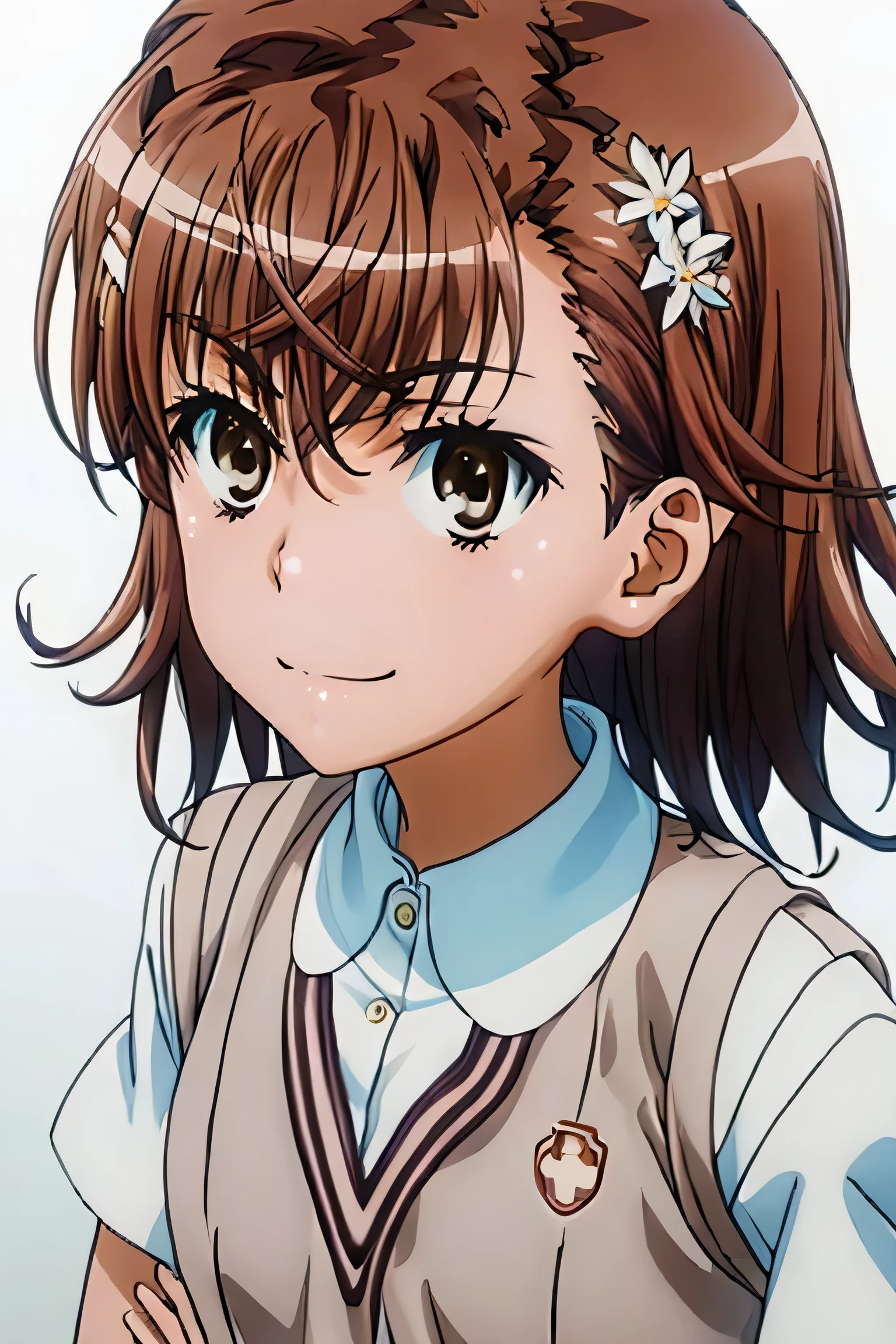 An ultra-high picture quality、(​masterpiece)、[3D images:1.5],Attractive eyes、Crossed Arms、full-body view、(​masterpiece:1.6、top-quality)、(Beautiful Eyes of Details:1.2)、(Misaka_mikoto:1.5)、(White background:1.25)、Look at viewers、cparted lips、A smile、 Beautiful anime girl, Beautiful Art Style, a closed mouth、[[In high-quality anime、Cute Misaka with light brown hair and brown eyeikoto:1.15]]、(Uniforms:1.4)、Uniforms、White shirt、Neck ribbon、Light Brown Sleeveless Cardigan、grey miniskirt