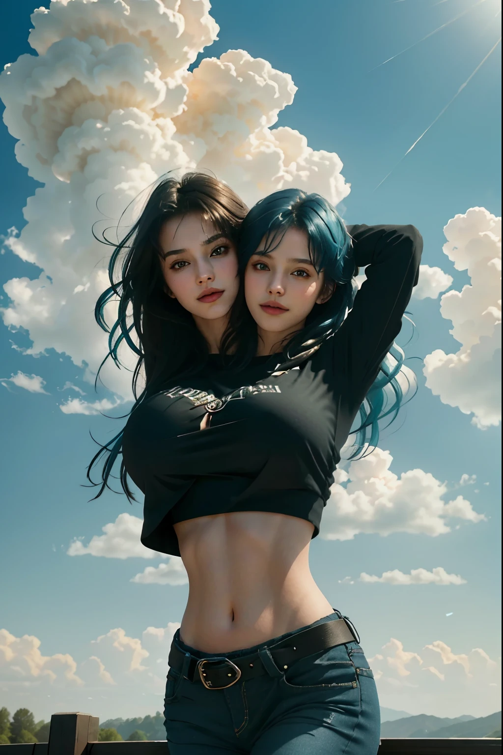 1girll, Masterpiece, Best quality, extremely detaile, Cinematic lighting, intricately details, A high resolution, offcial art, finely detailed beautiful face and eyes, high-resolution illustrations, 8K, Dark intense shadows, Overexposure, Blue hair, bangs, Black shirt, navel, Crop top, Large breasts, Black jeans, Super strong shirt, underboobs, (Smug), Blue sky, Clouds, (two heads)