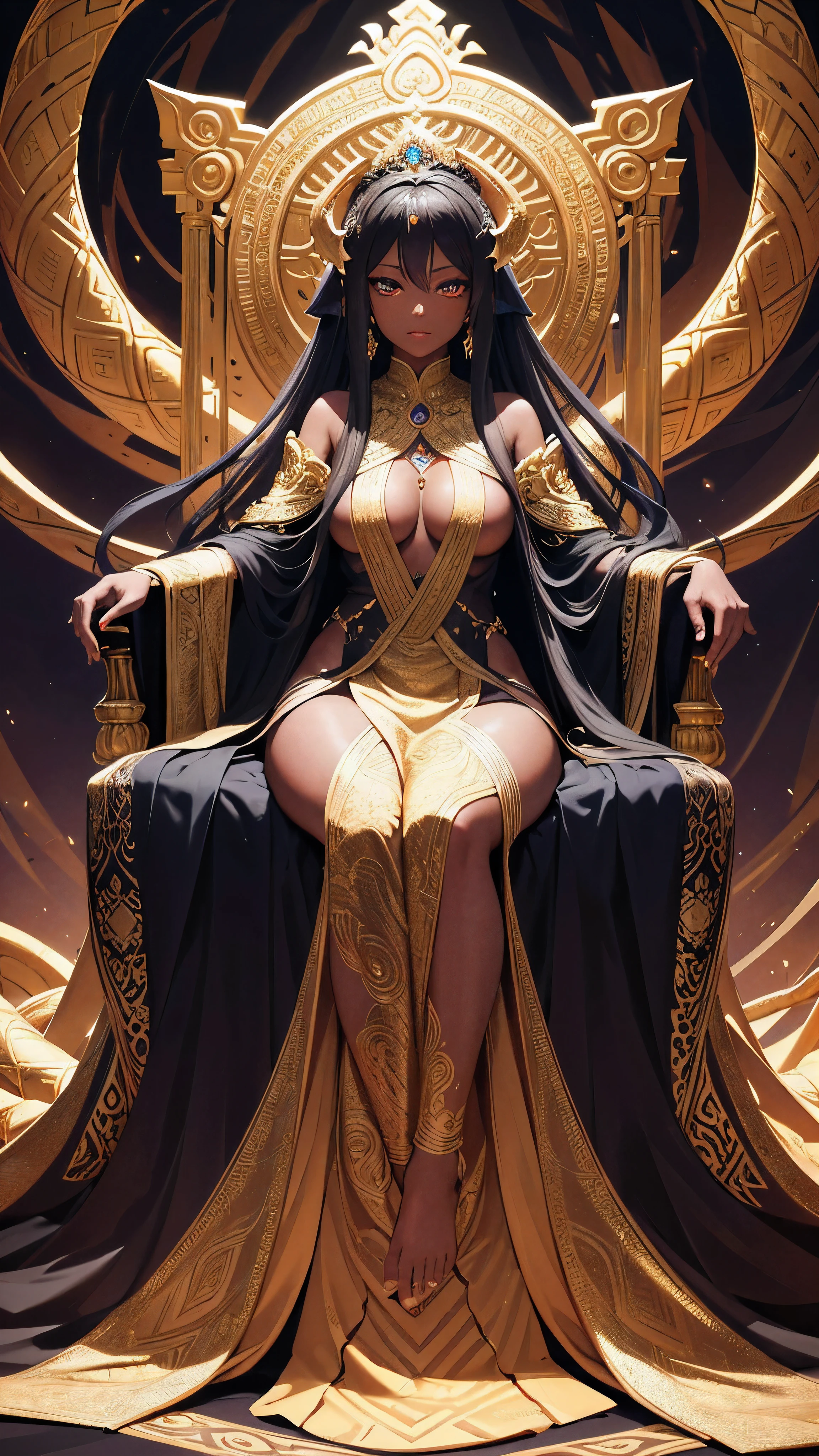 A wide angle, full body shot of the snake empress, enchanting, ethereal, beautiful, dark skin, dark scales, sitting on a golden throne, light strokes, ultra detailed, high resolution, HD, 8K