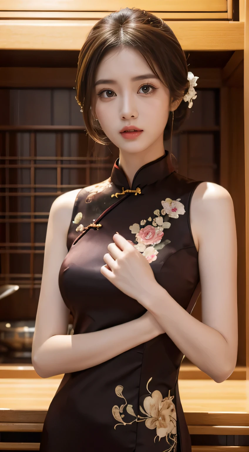 Illustration design, Delicate characters, janelas, Middle breast,(Medium-chested),Slim,Brown hair, Big eyes, Long cheongsam