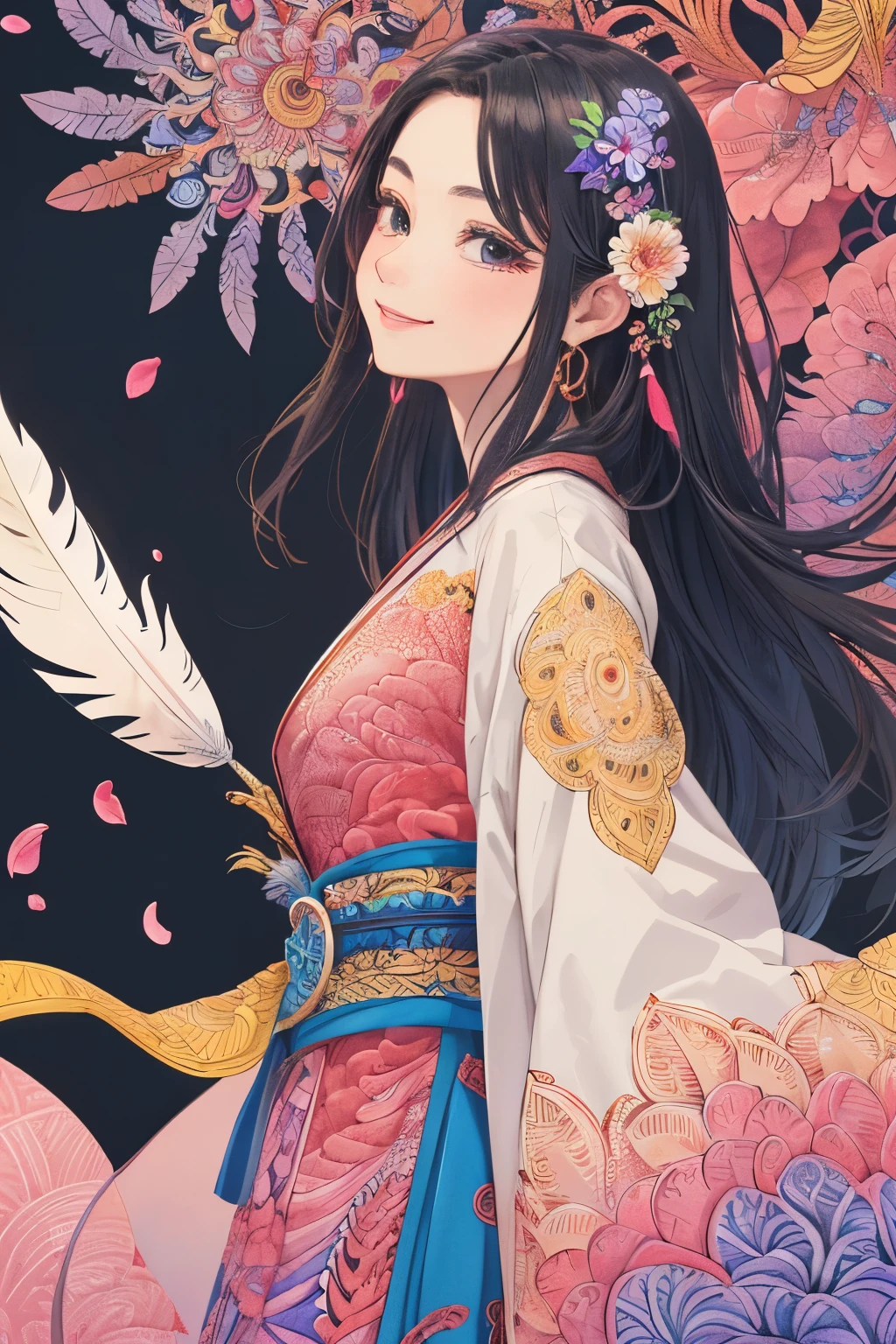 (1boy, solo, from side), extremely detailed, (abstract background, zentangle, fractal art:1.3), (many colors, colorful:1.1), (feathers, petals, flowers:1.3), dynamic pose, earrings 16k,3d,hanfu,smiling, long black hair, beautiful men,joyful,gentle man
