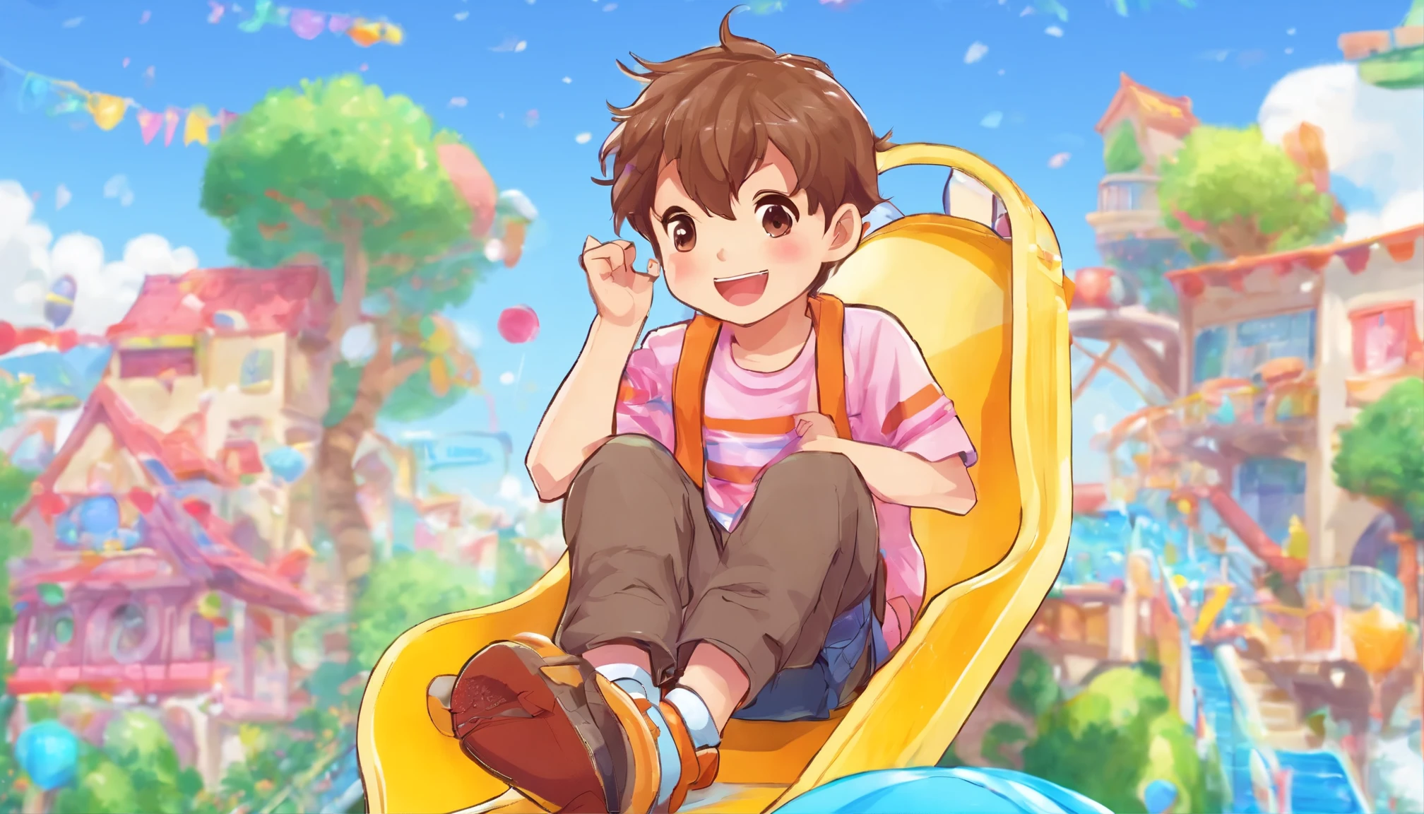 A boy is playing on the slide