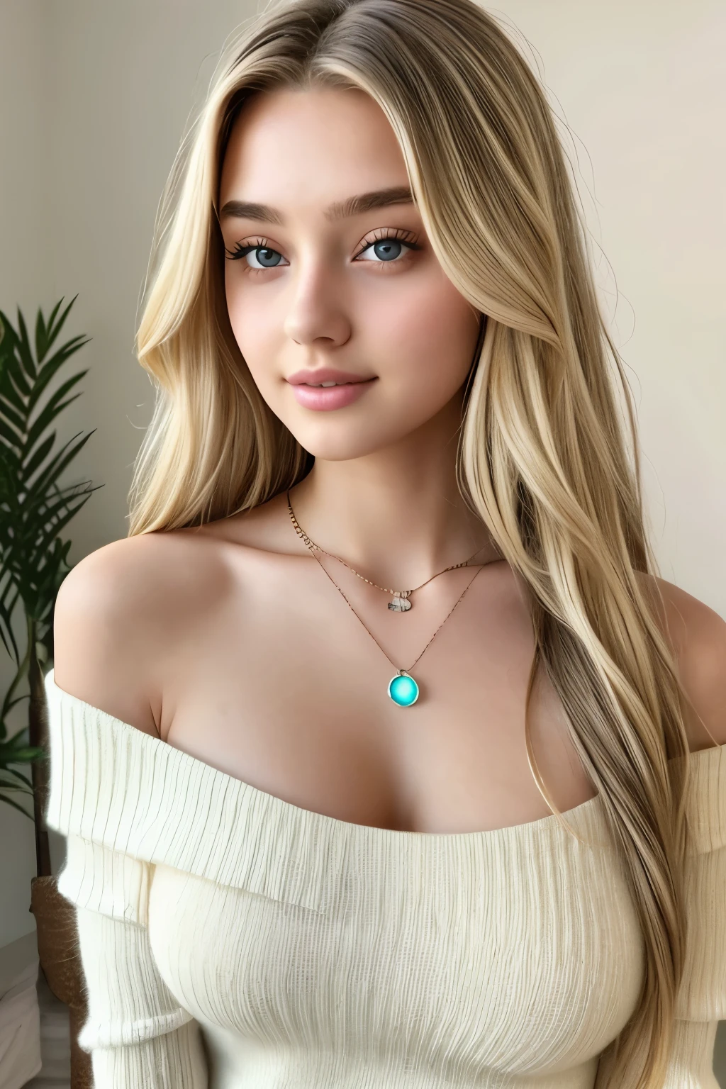 1 girl, 19 years old, alone, long hair, big breasts, looking at the viewer, blonde, bare shoulders, brown eyes, gem, whole body, necklace, off shoulder, sweater, realistic, Sexy
