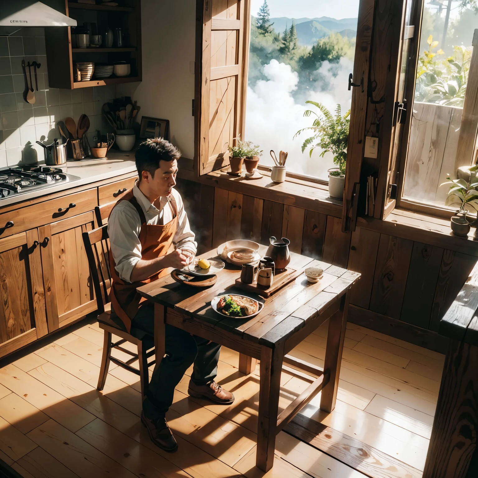 (RAW photo, best quality), (realistic, photo-realistic:1.3), best quality, highly detailed, masterpiece, ultra-detailed, illustration, 1 man, lower body, isometric angle, charming home interior, rustic furniture, best quality, extremely detailed textures and shading, warm colors, natural light filtering in through windows, vivid textures of plants and fruits, (side view), he is wearing an apron, holding a wooden spoon and a cookbook, showing a thoughtful expression, steam rising from a hot pot on the stove, wooden floor with protective mats, open shelves filled with pots, plates, and spices, a cat peeking from the corner